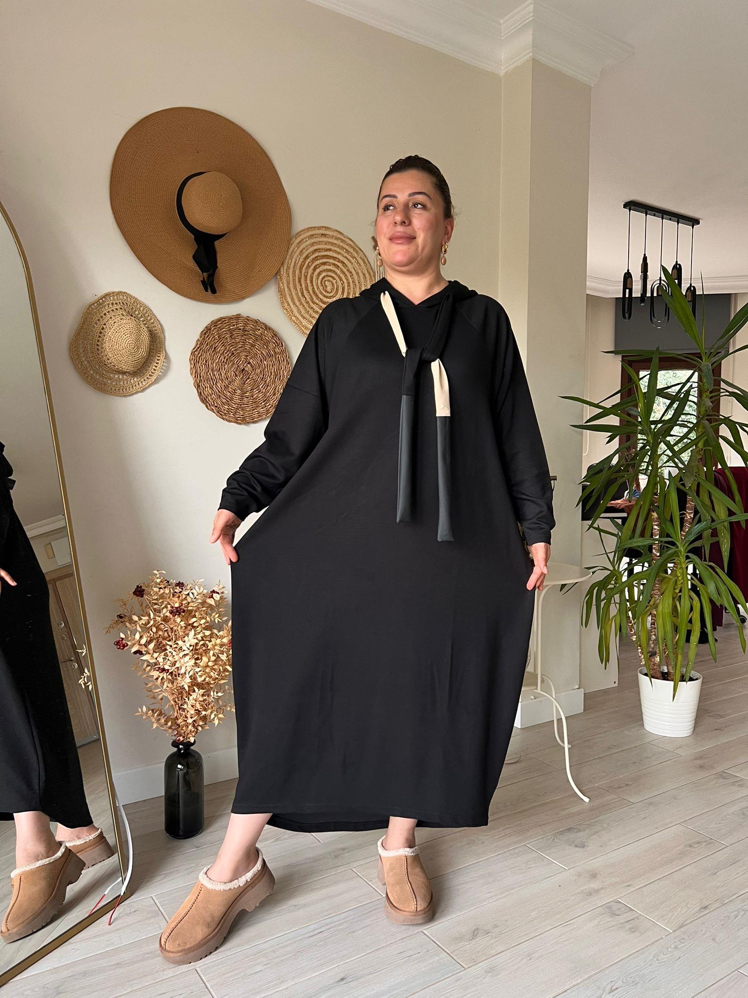 Modal Kumaş Kapşonlu Oversize Elbise | Mjora Butik