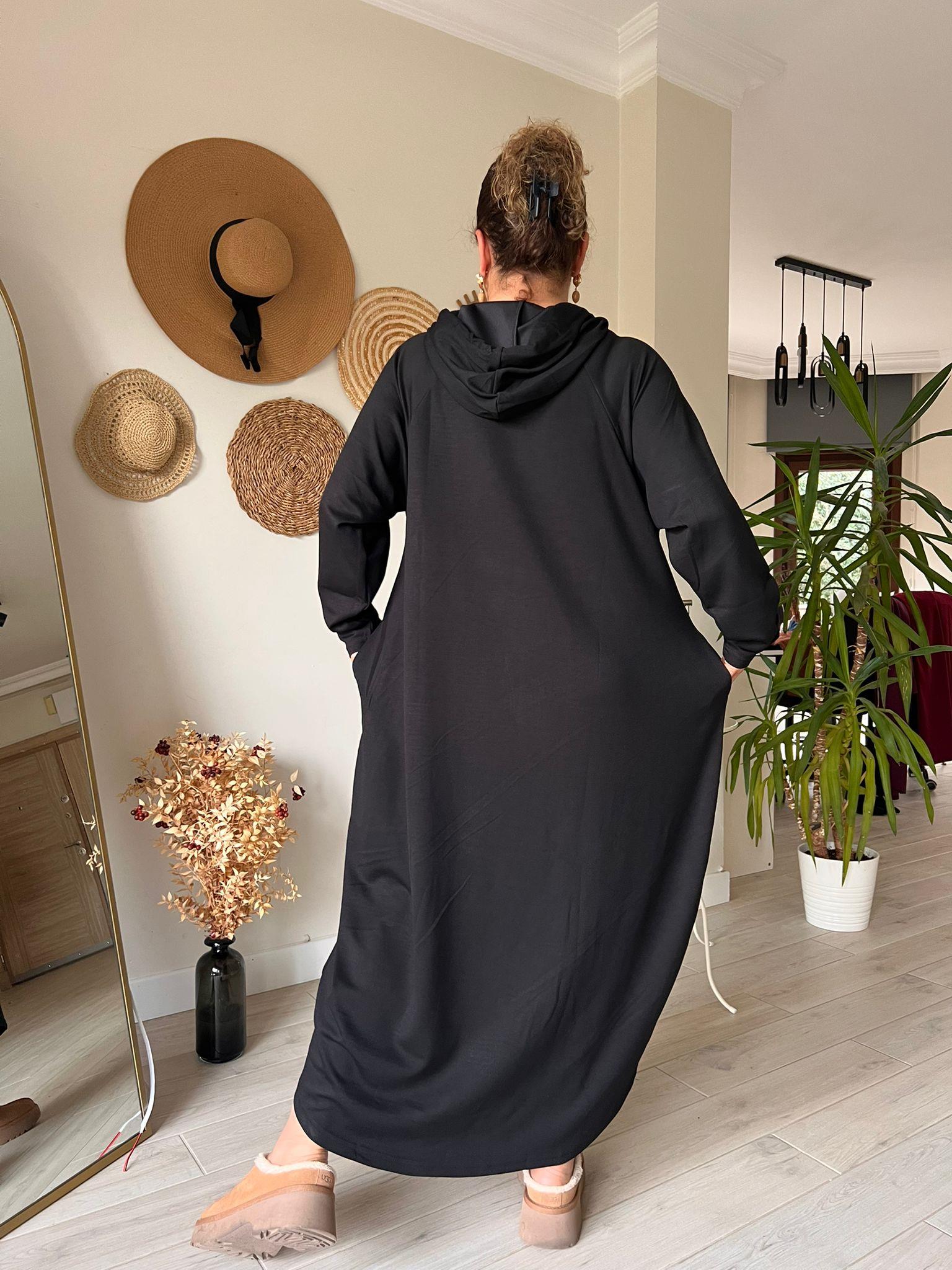Modal Kumaş Kapşonlu Oversize Elbise | Mjora Butik