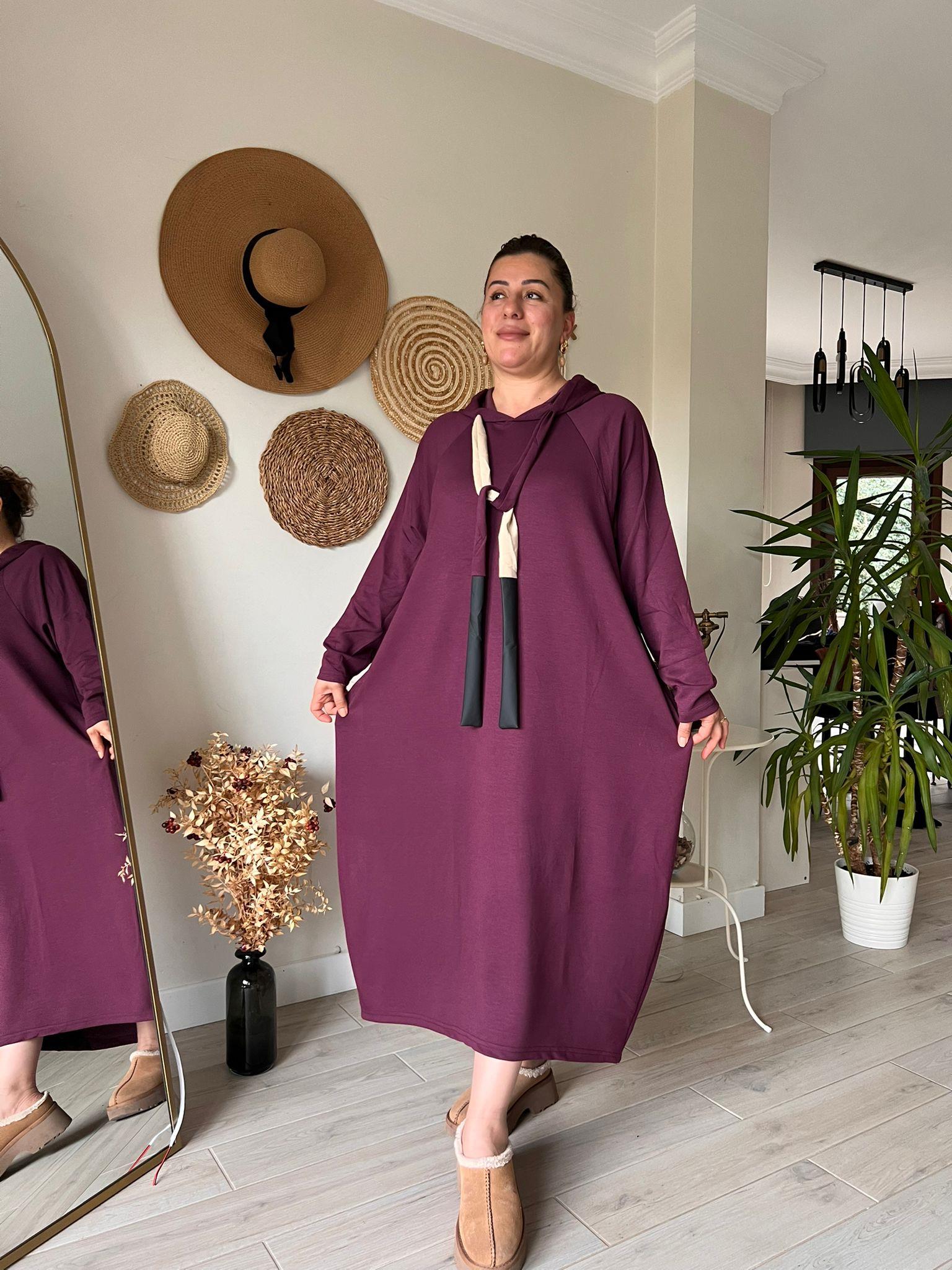 Modal Kumaş Kapşonlu Oversize Elbise | Mjora Butik