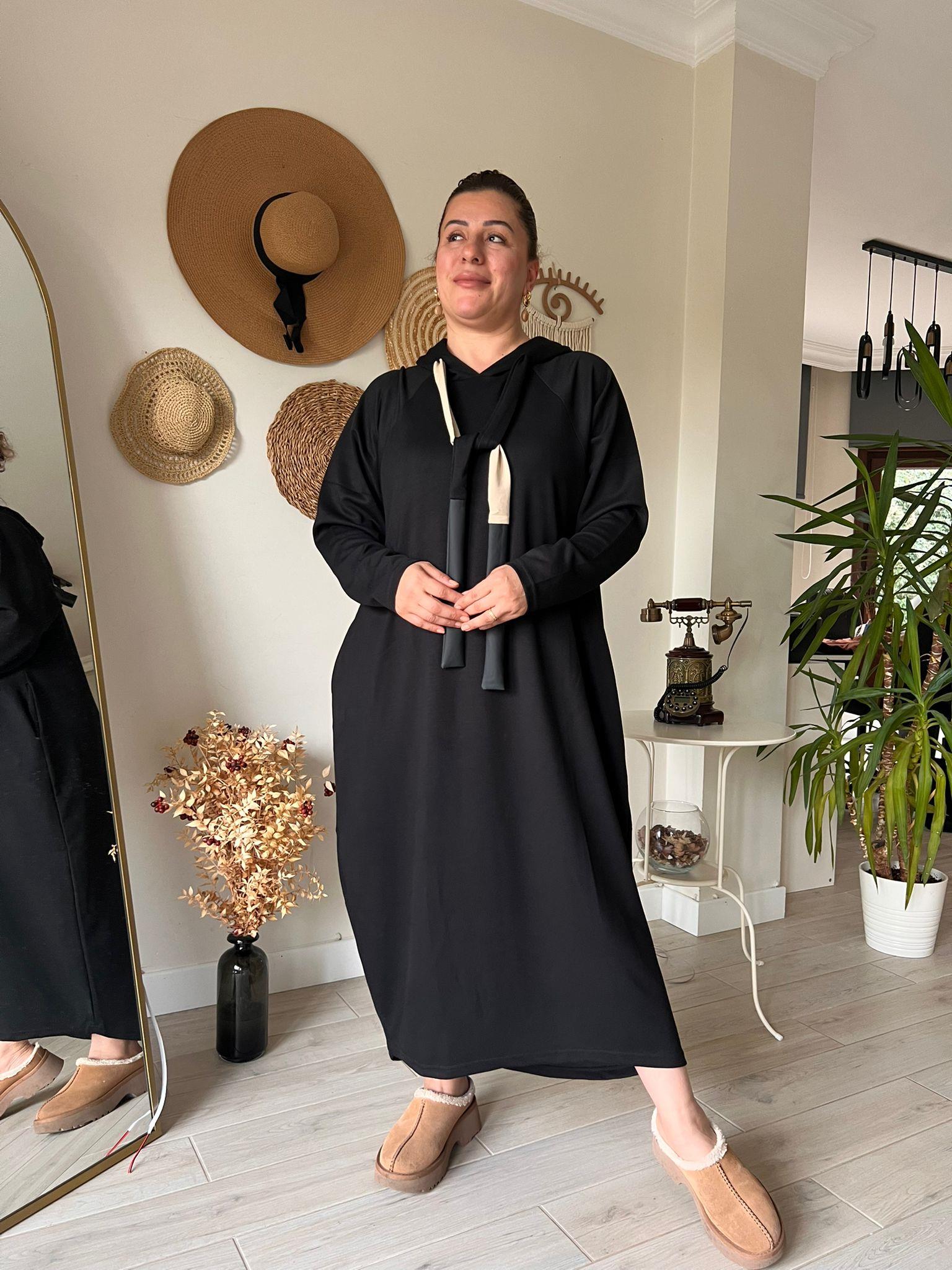 Modal Kumaş Kapşonlu Oversize Elbise | Mjora Butik