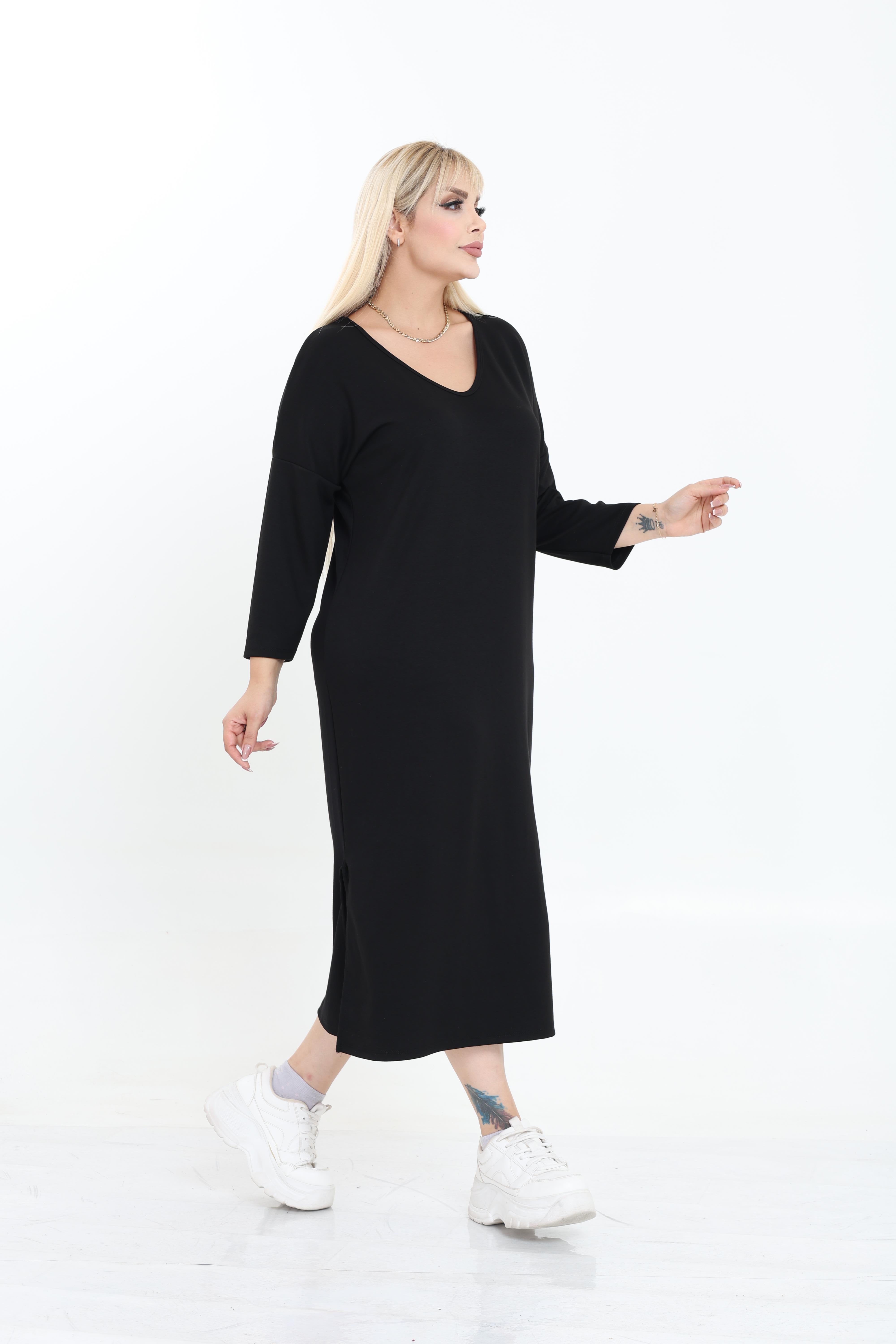 Modal Kumaş Rahat Kalıp V Yaka Basic Elbise