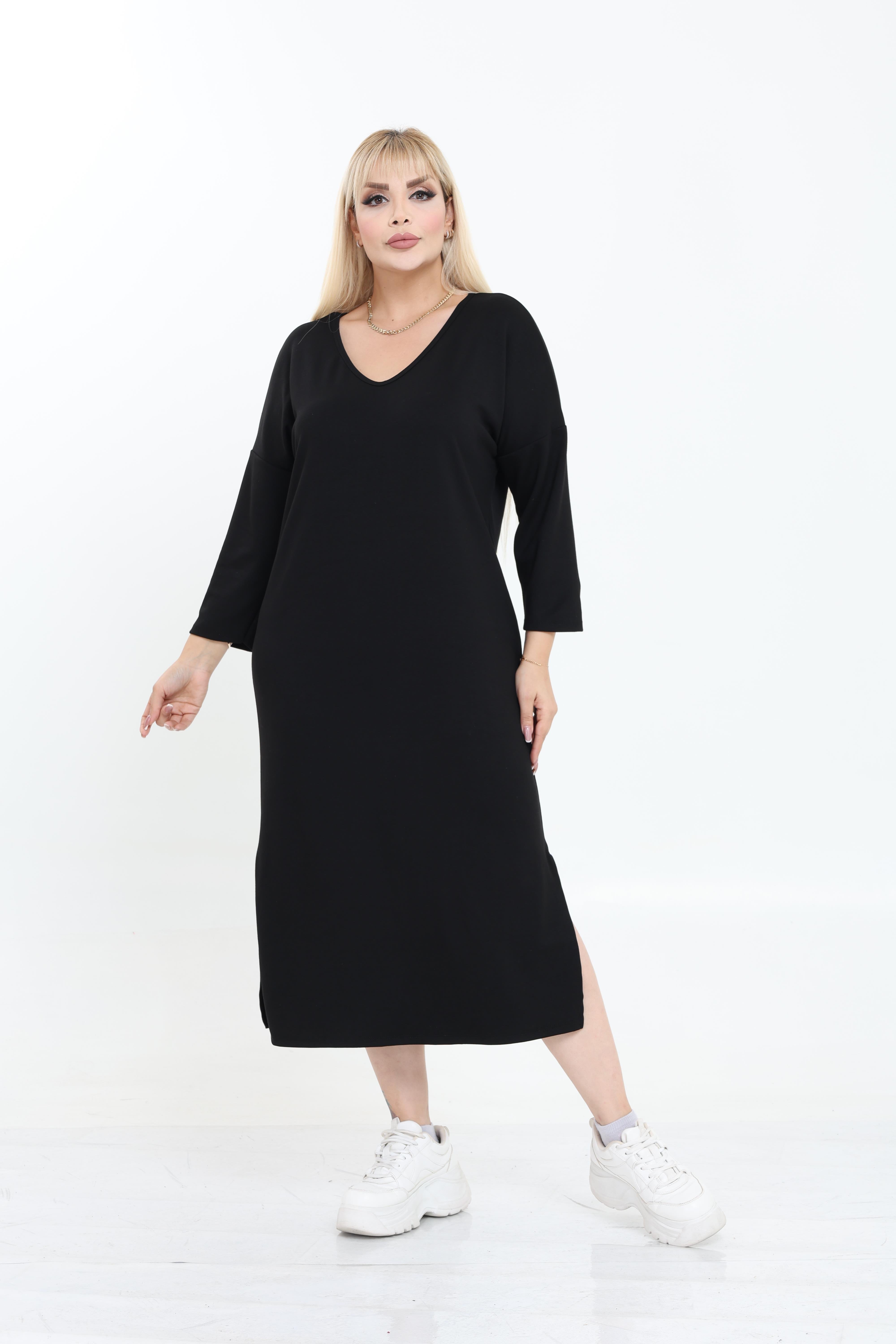 Modal Kumaş Rahat Kalıp V Yaka Basic Elbise