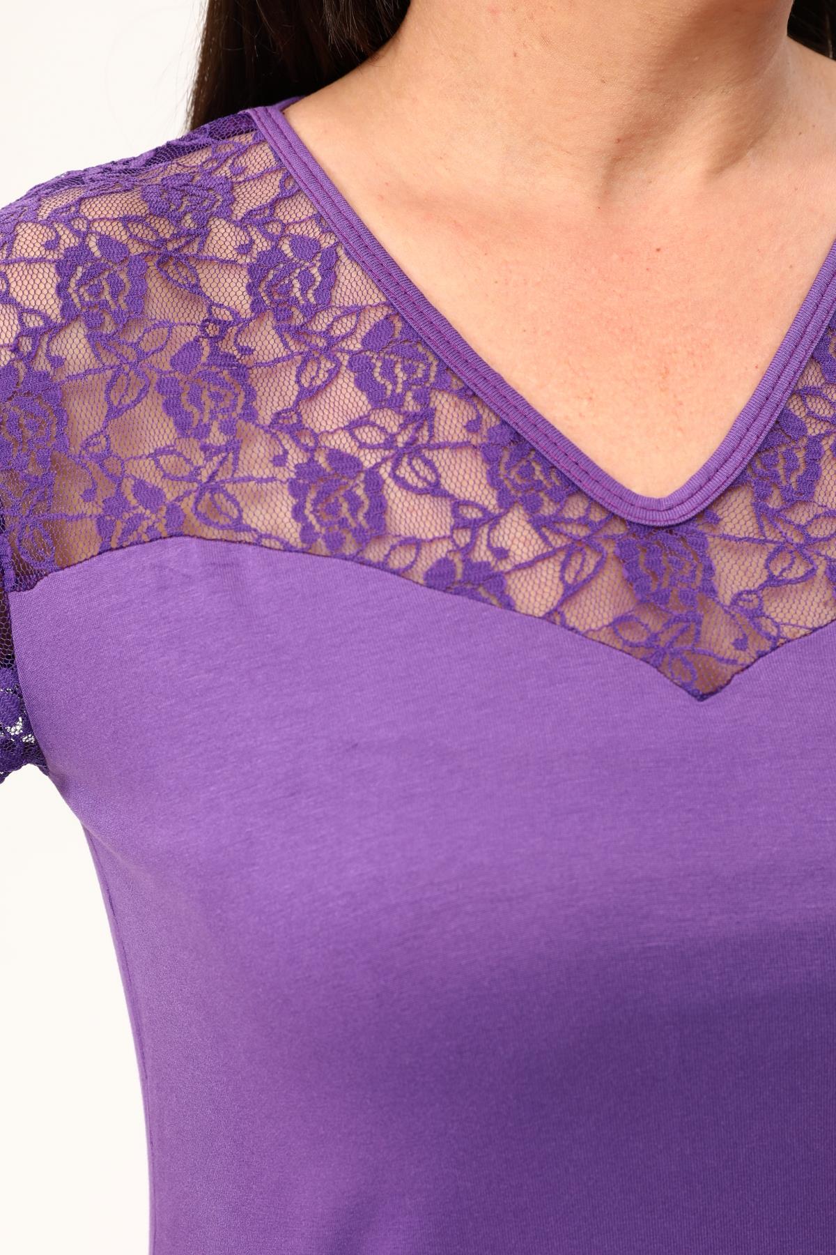 Mor Kalp Yaka Büyükbeden Dantel Bluz