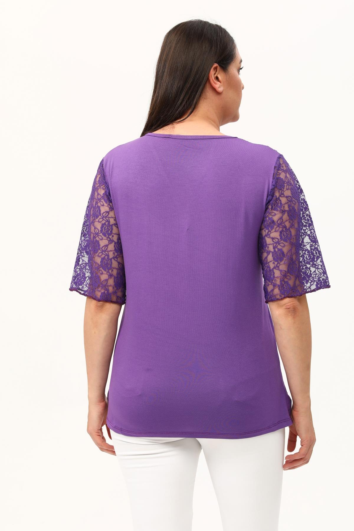 Mor Kalp Yaka Büyükbeden Dantel Bluz