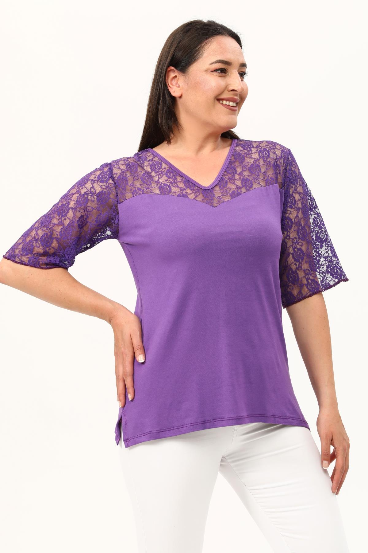 Mor Kalp Yaka Büyükbeden Dantel Bluz