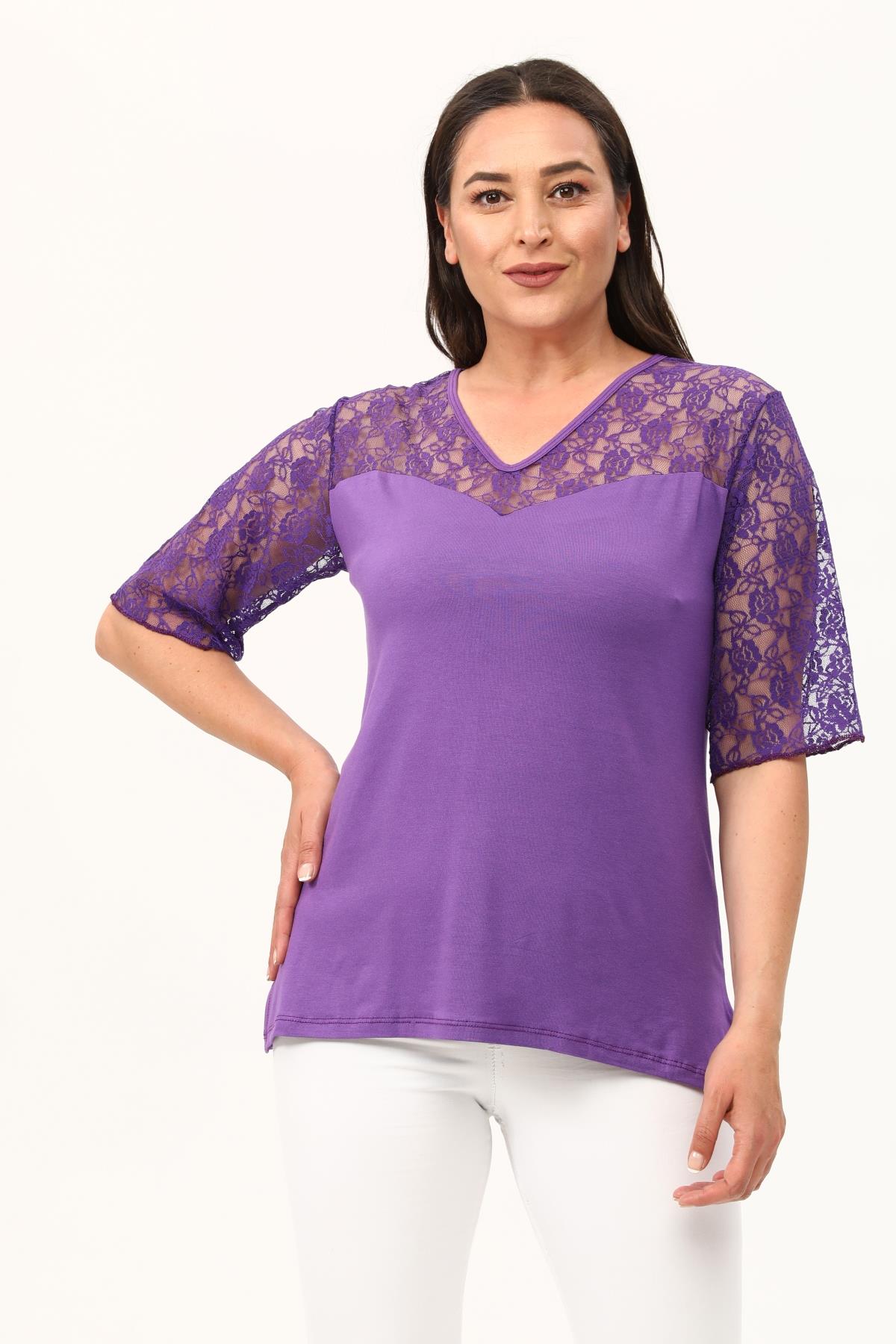 Mor Kalp Yaka Büyükbeden Dantel Bluz