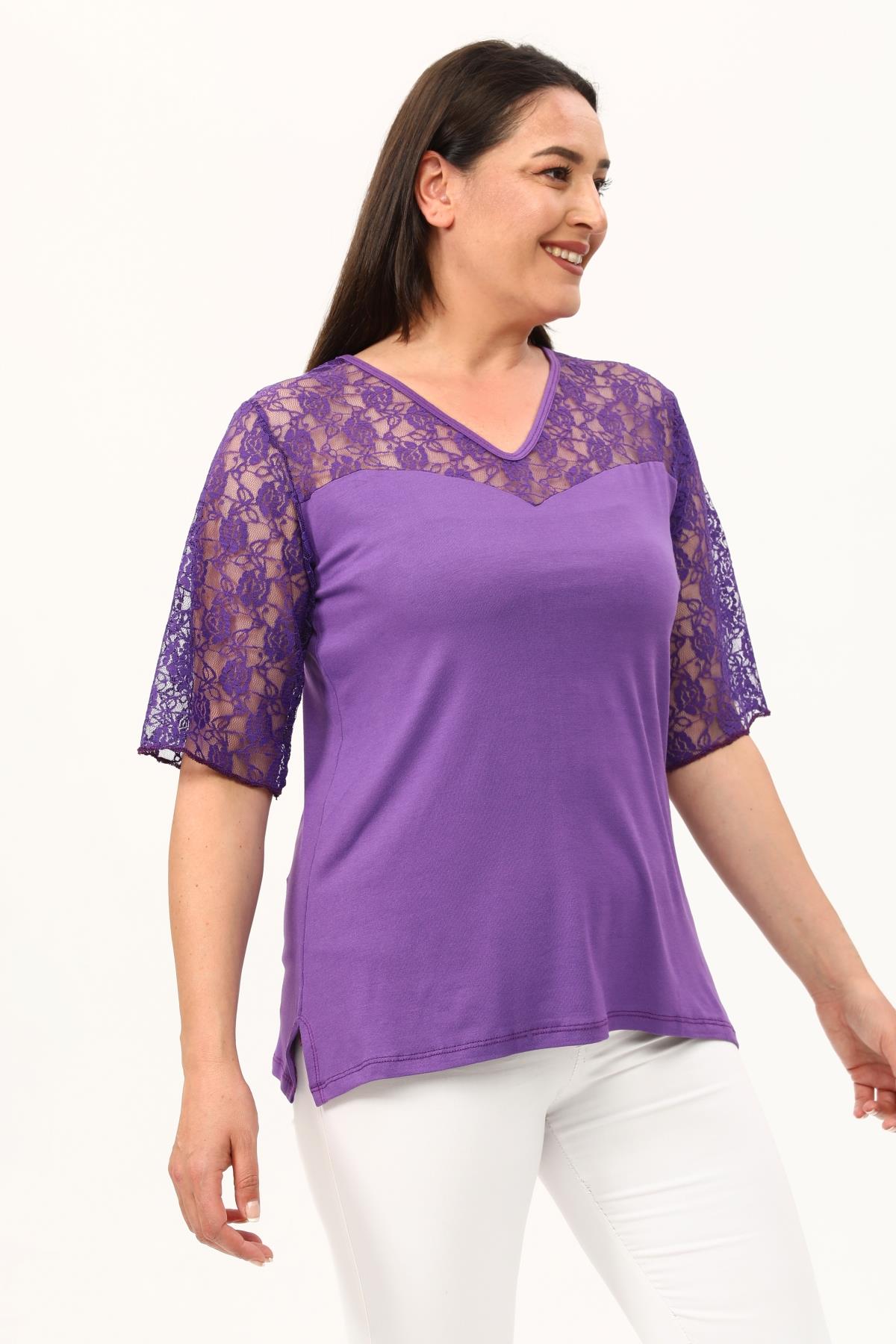 Mor Kalp Yaka Büyükbeden Dantel Bluz