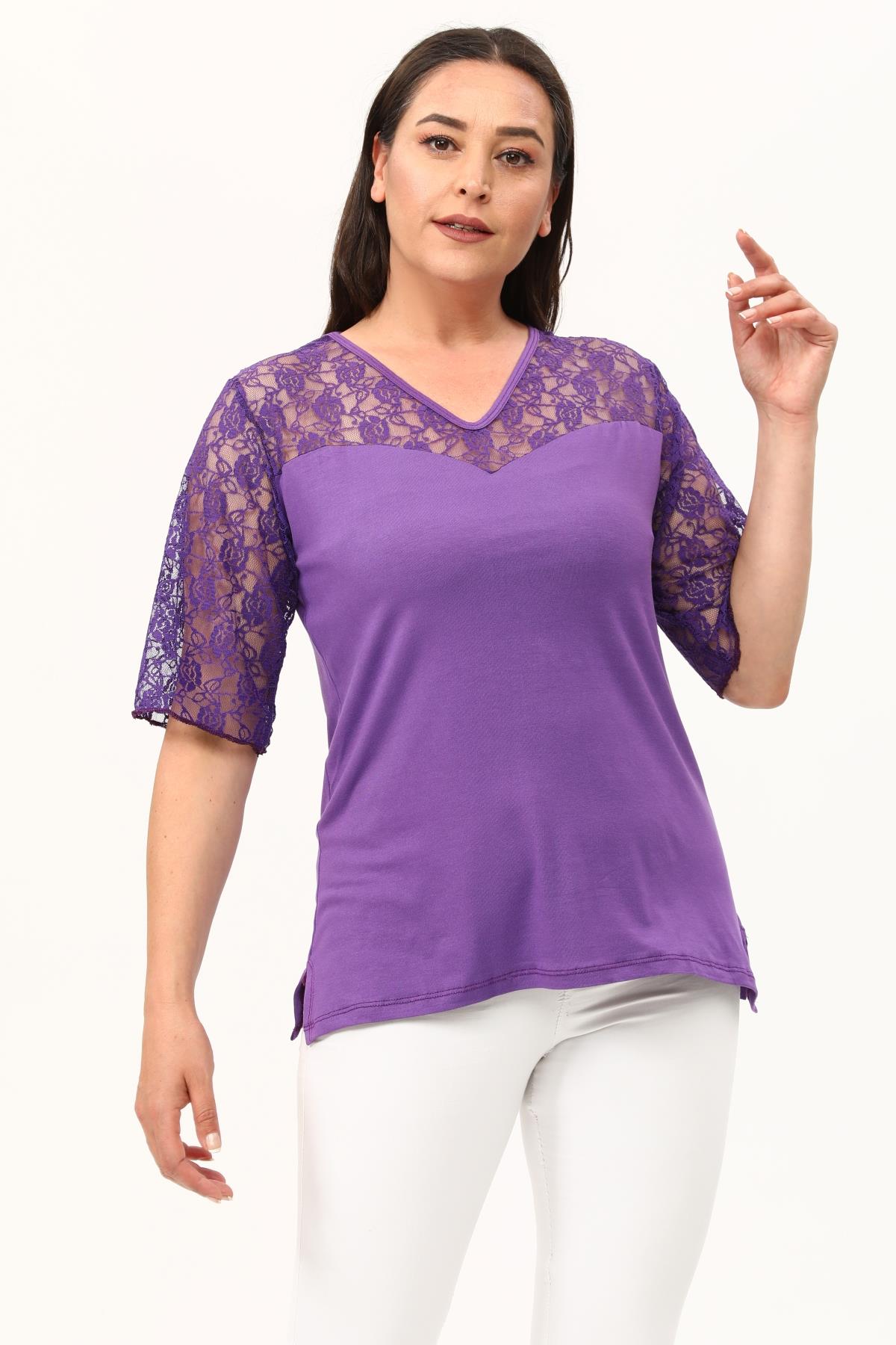 Mor Kalp Yaka Büyükbeden Dantel Bluz