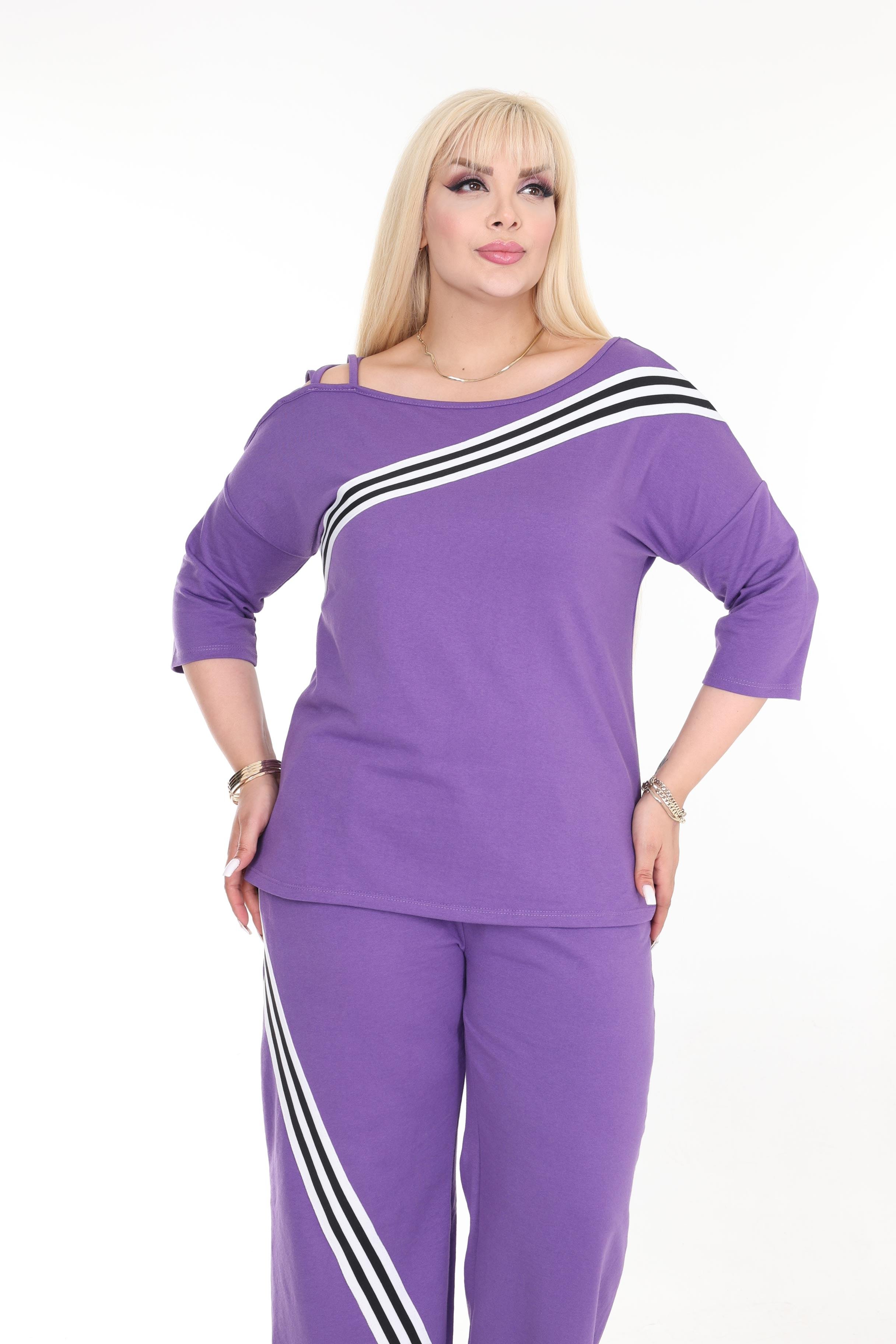 Mor Şeritli Kol Detaylı Büyük Beden Takım
