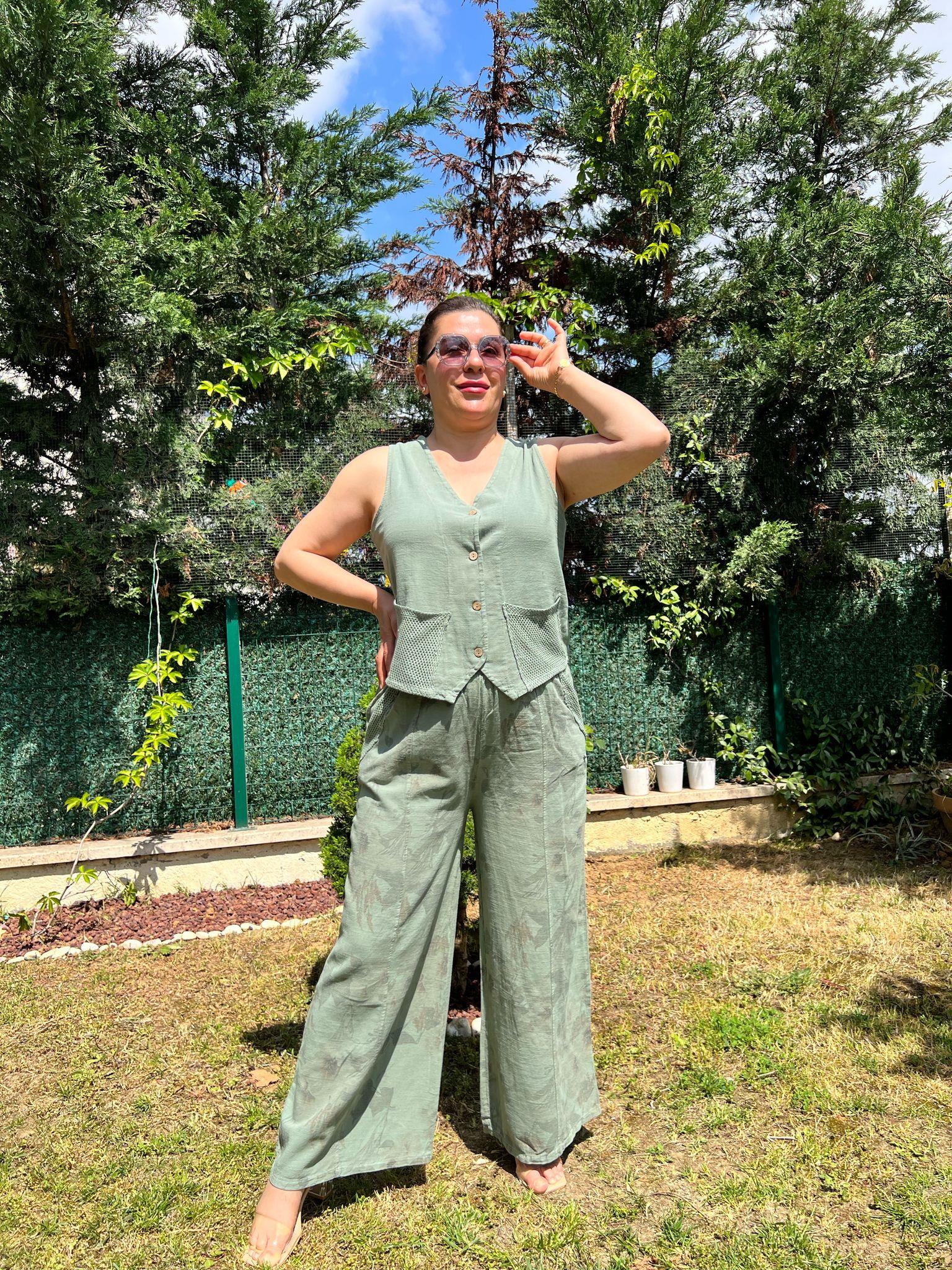 Pamuk Keten Yelek & Pantolon Kadın Takım