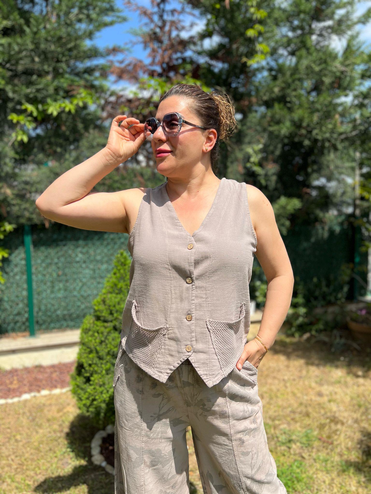 Pamuk Keten Yelek & Pantolon Kadın Takım