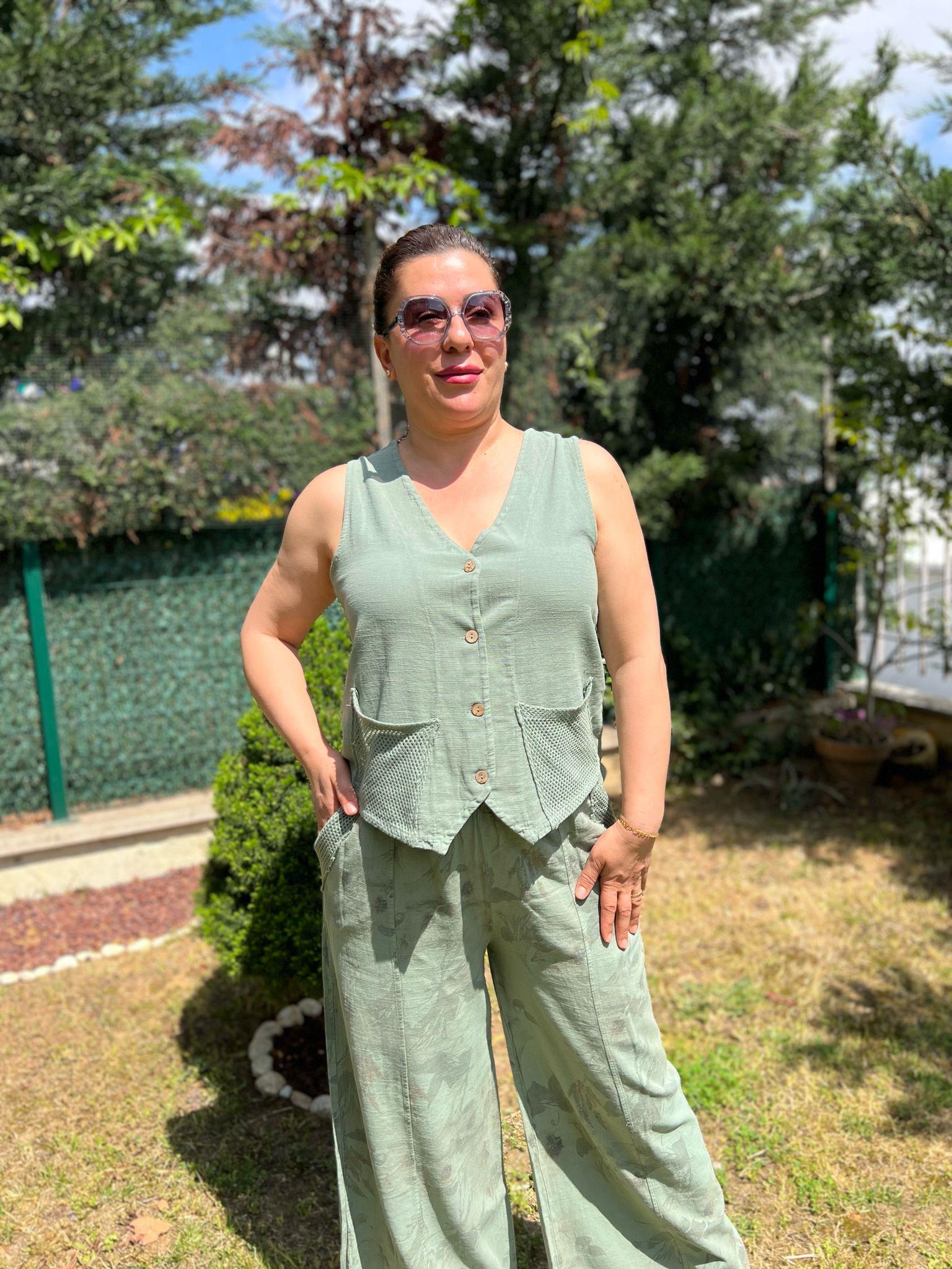 Pamuk Keten Yelek & Pantolon Kadın Takım