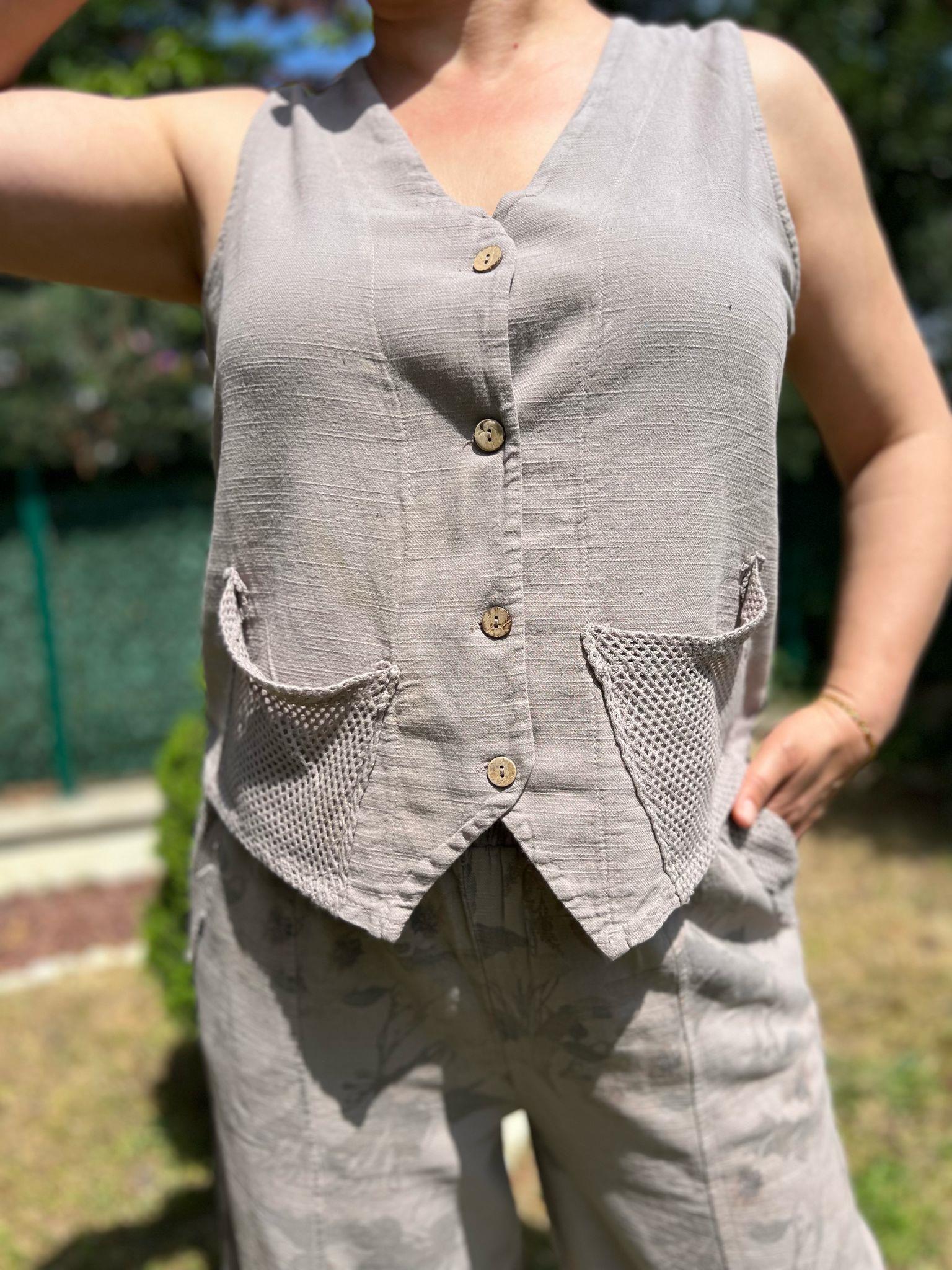 Pamuk Keten Yelek & Pantolon Kadın Takım