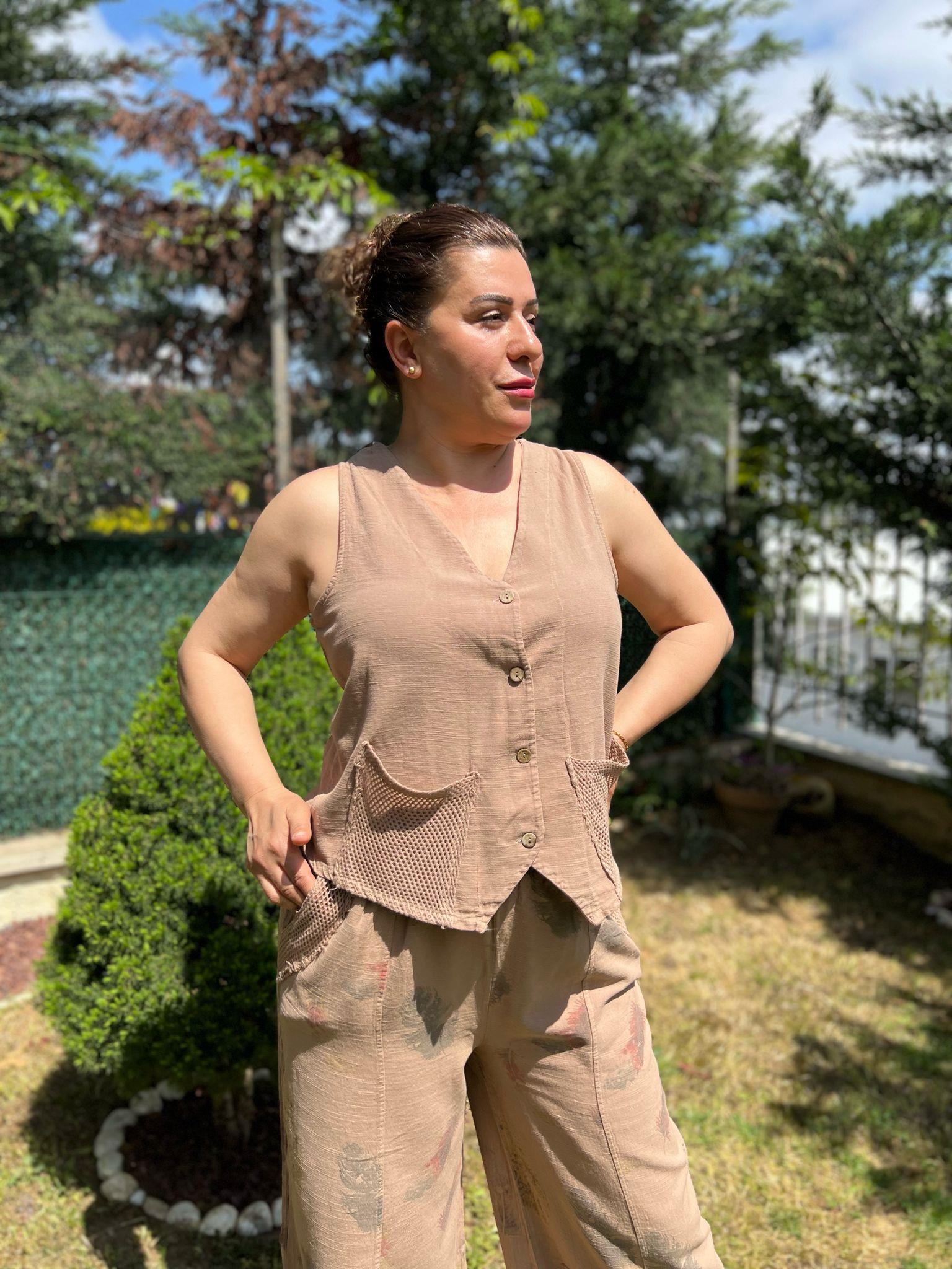 Pamuk Keten Yelek & Pantolon Kadın Takım