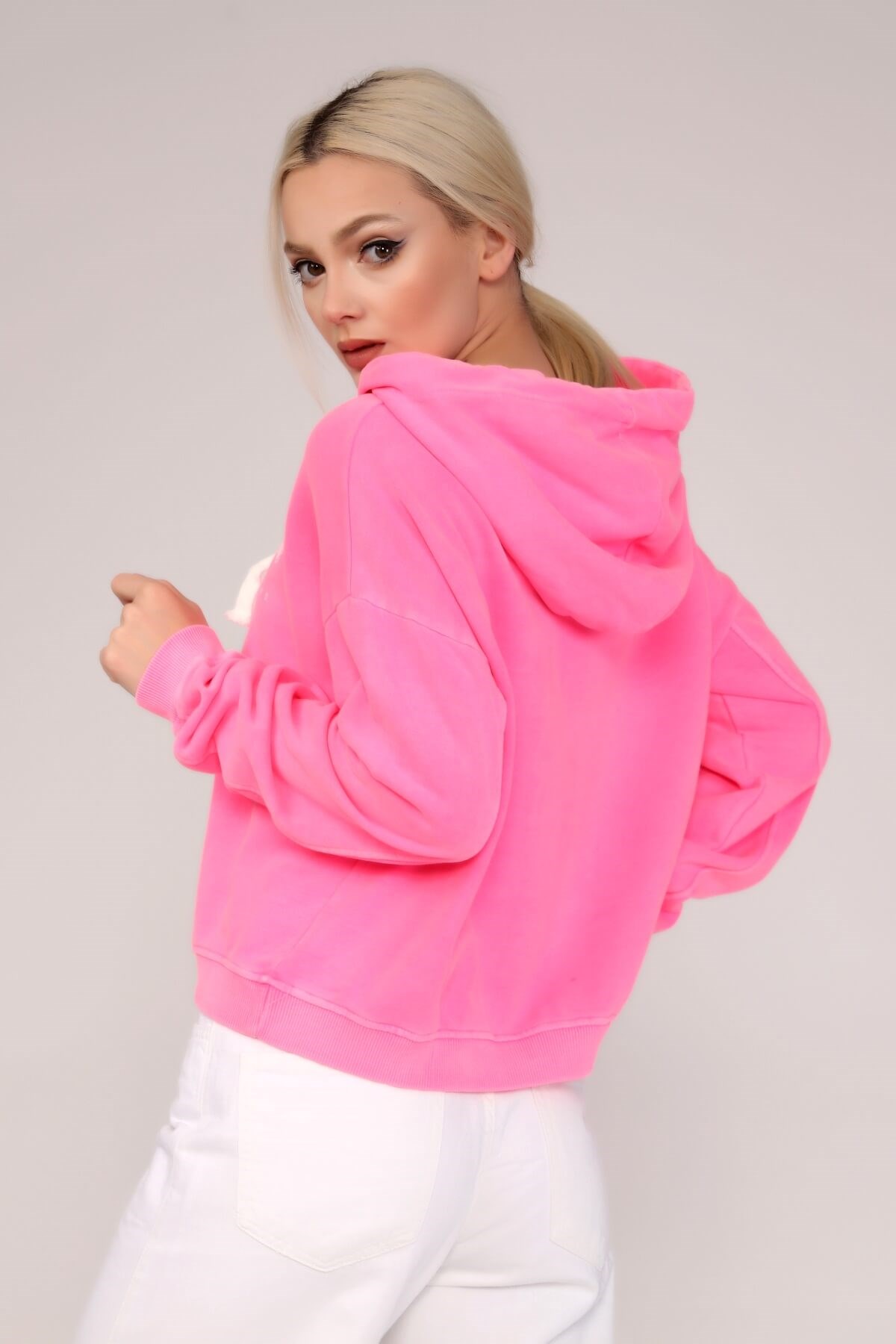 Pembe Baskılı Kapşonlu Sweatshirtt