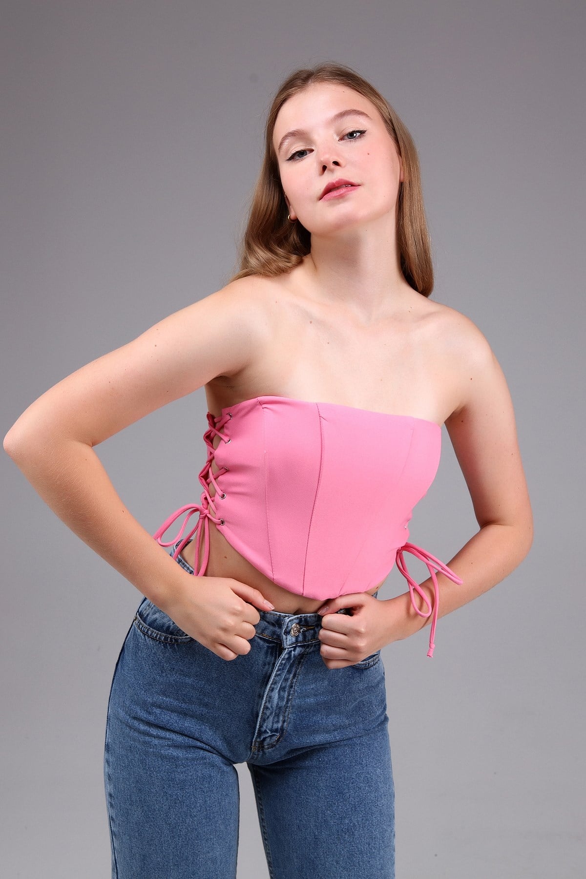 Pembe Korse Görünümlü Crop Top