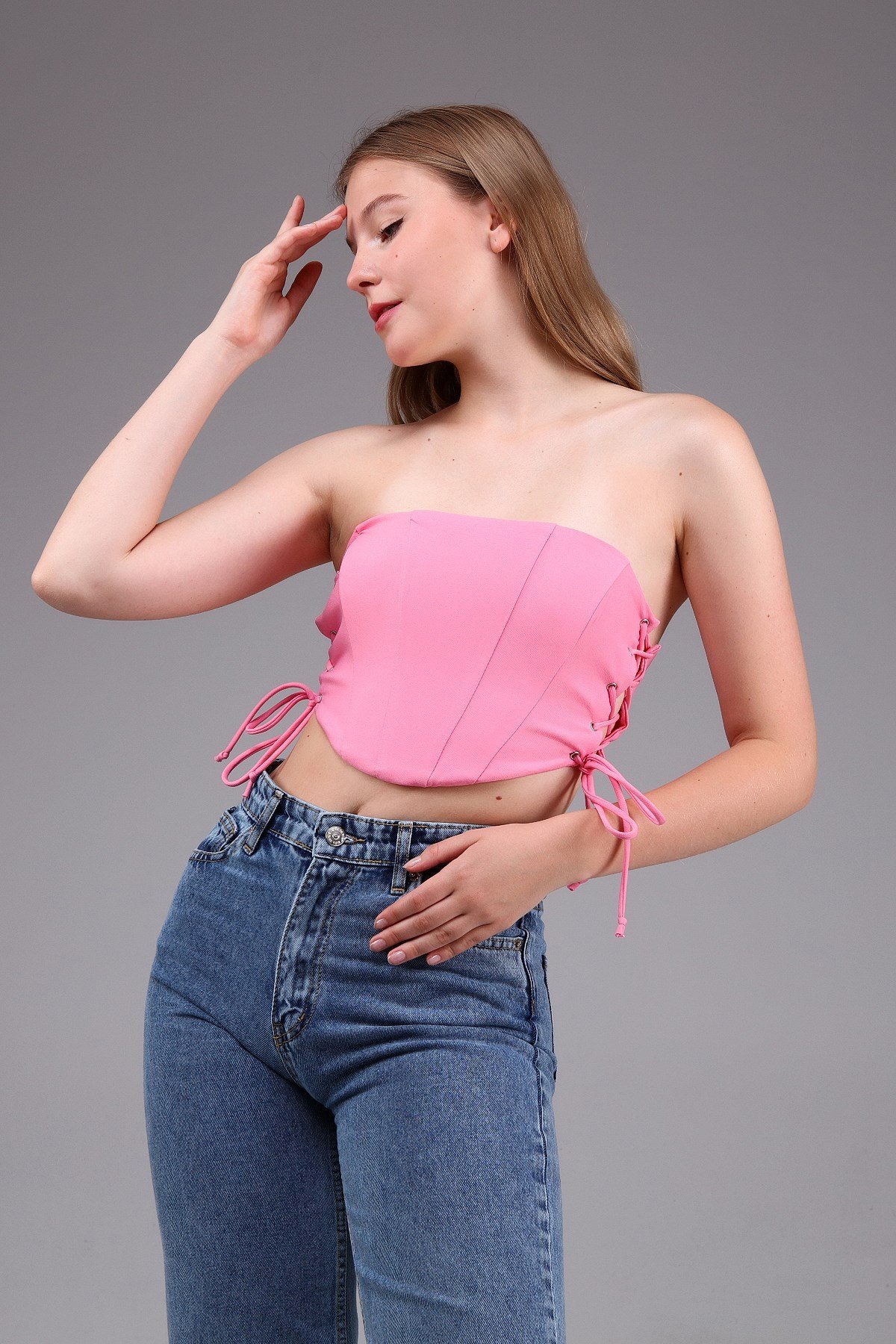 Pembe Korse Görünümlü Crop Top