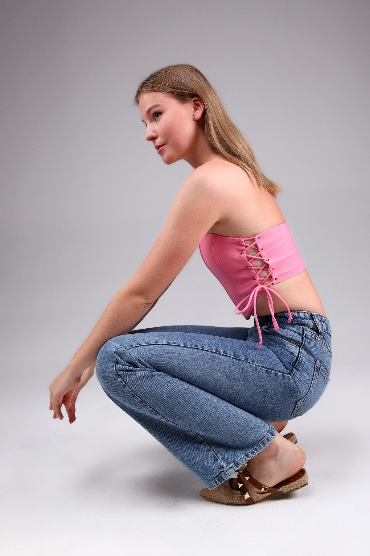 Pembe Korse Görünümlü Crop Top