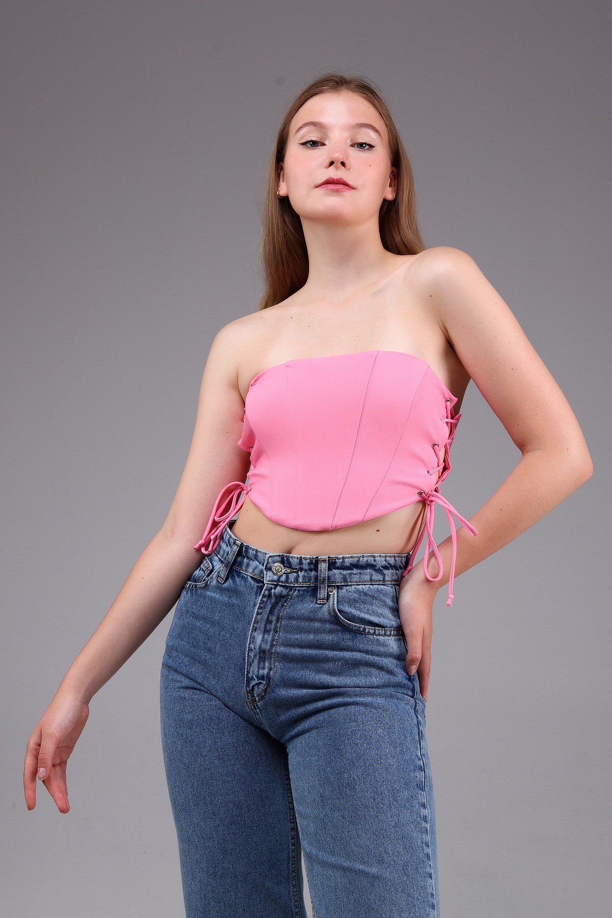 Pembe Korse Görünümlü Crop Top