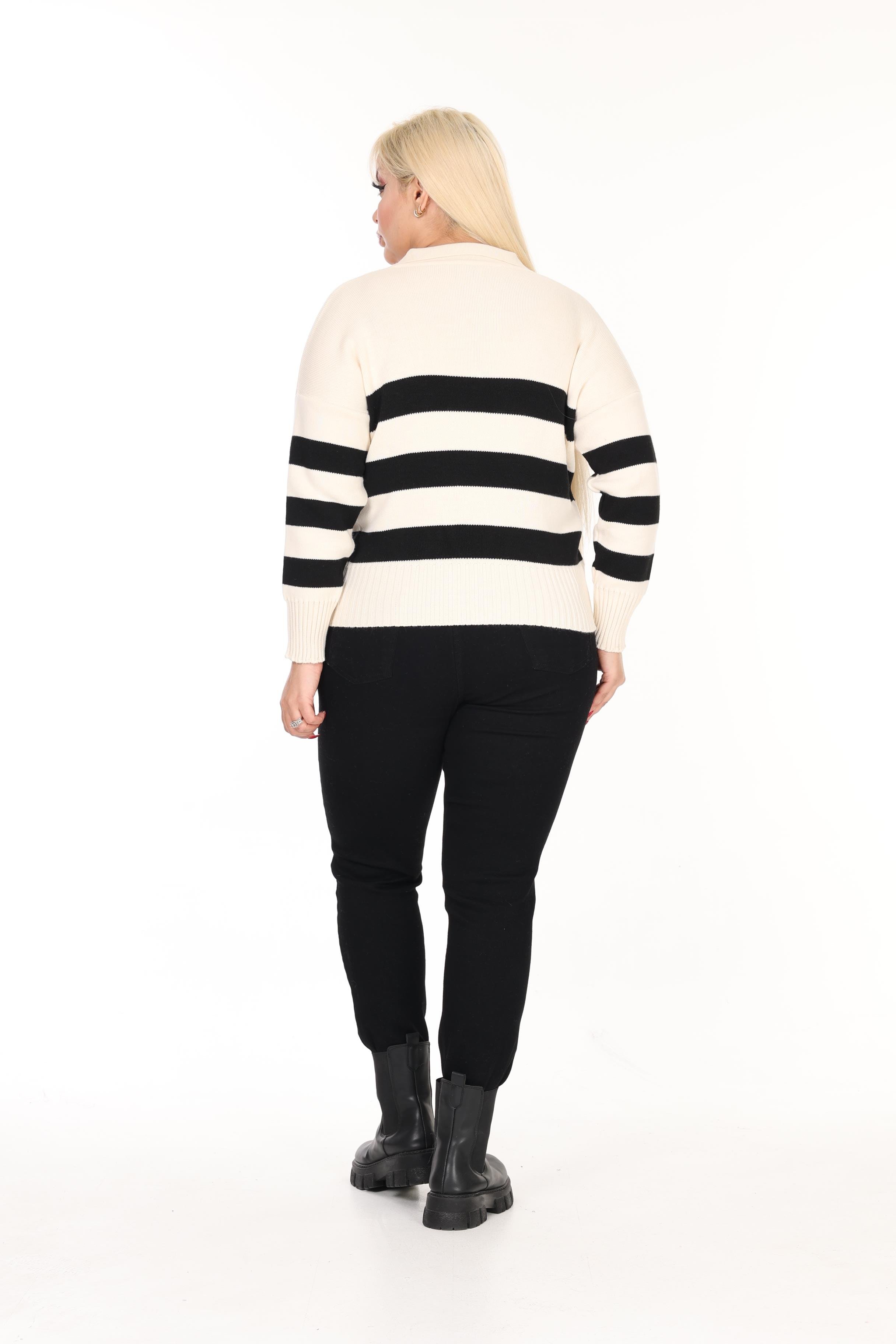 Polo Yaka Çizgili Örme Triko Kazak