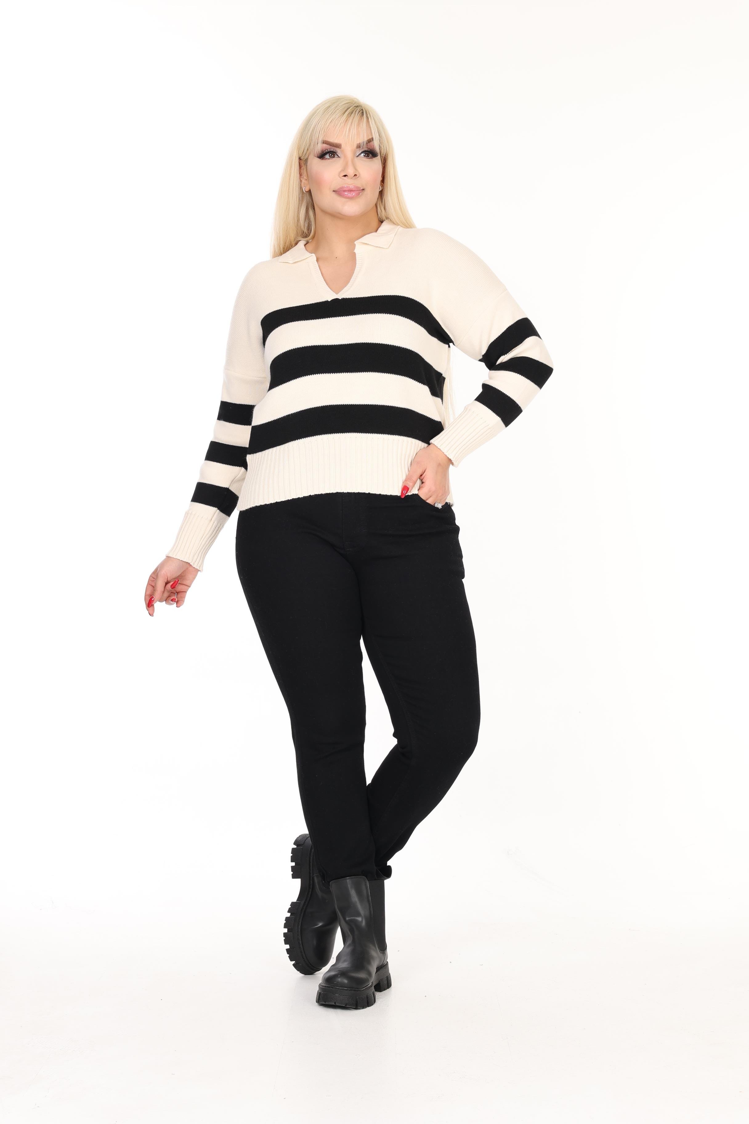 Polo Yaka Çizgili Örme Triko Kazak