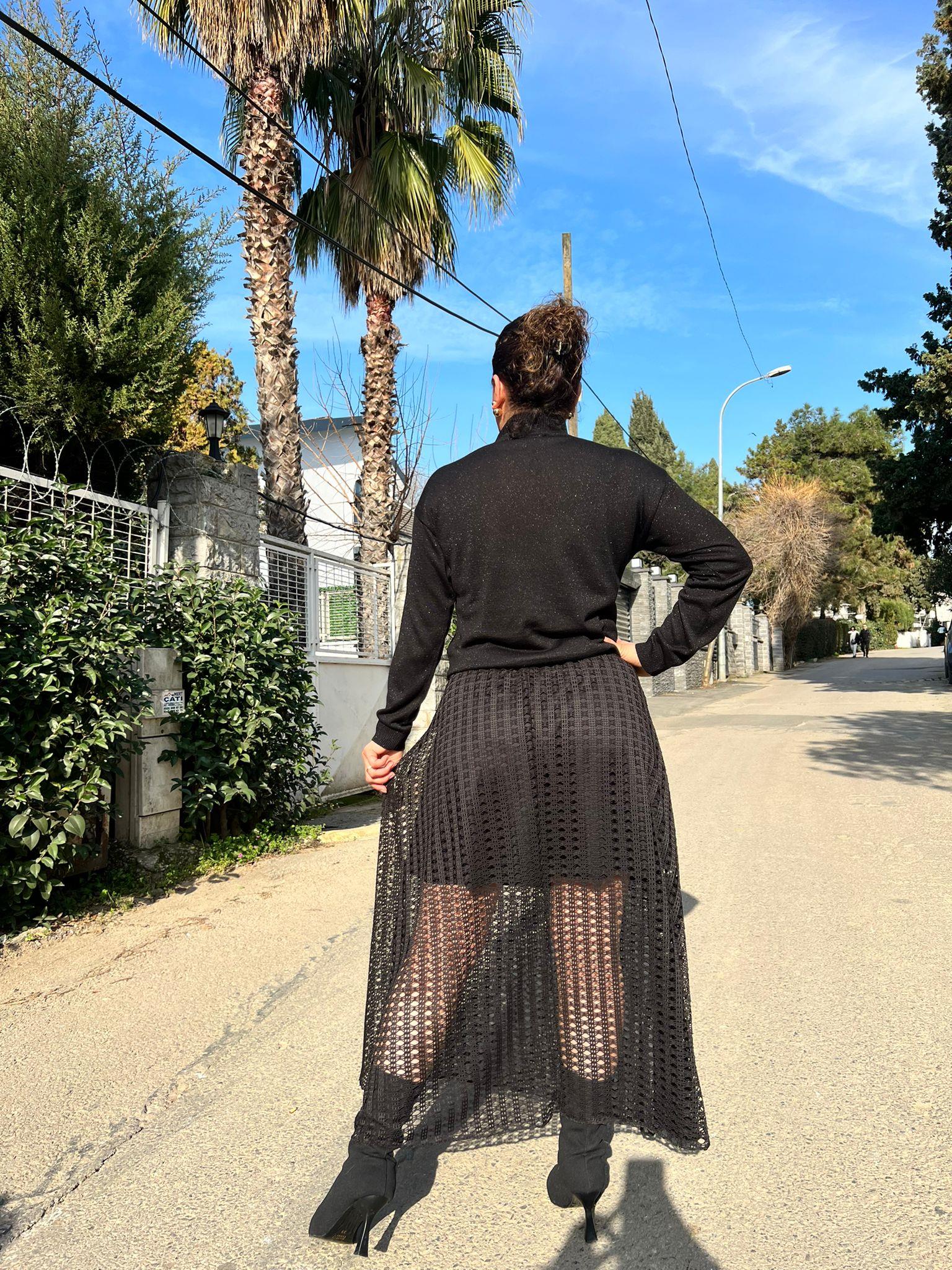 Siyah Astarlı File Dantel Astarlı Etek