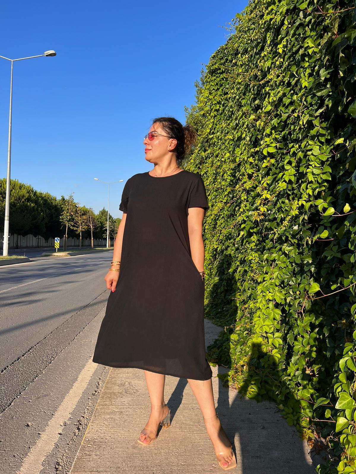 Siyah Basic Cepli Dokuma Pamuk Elbise