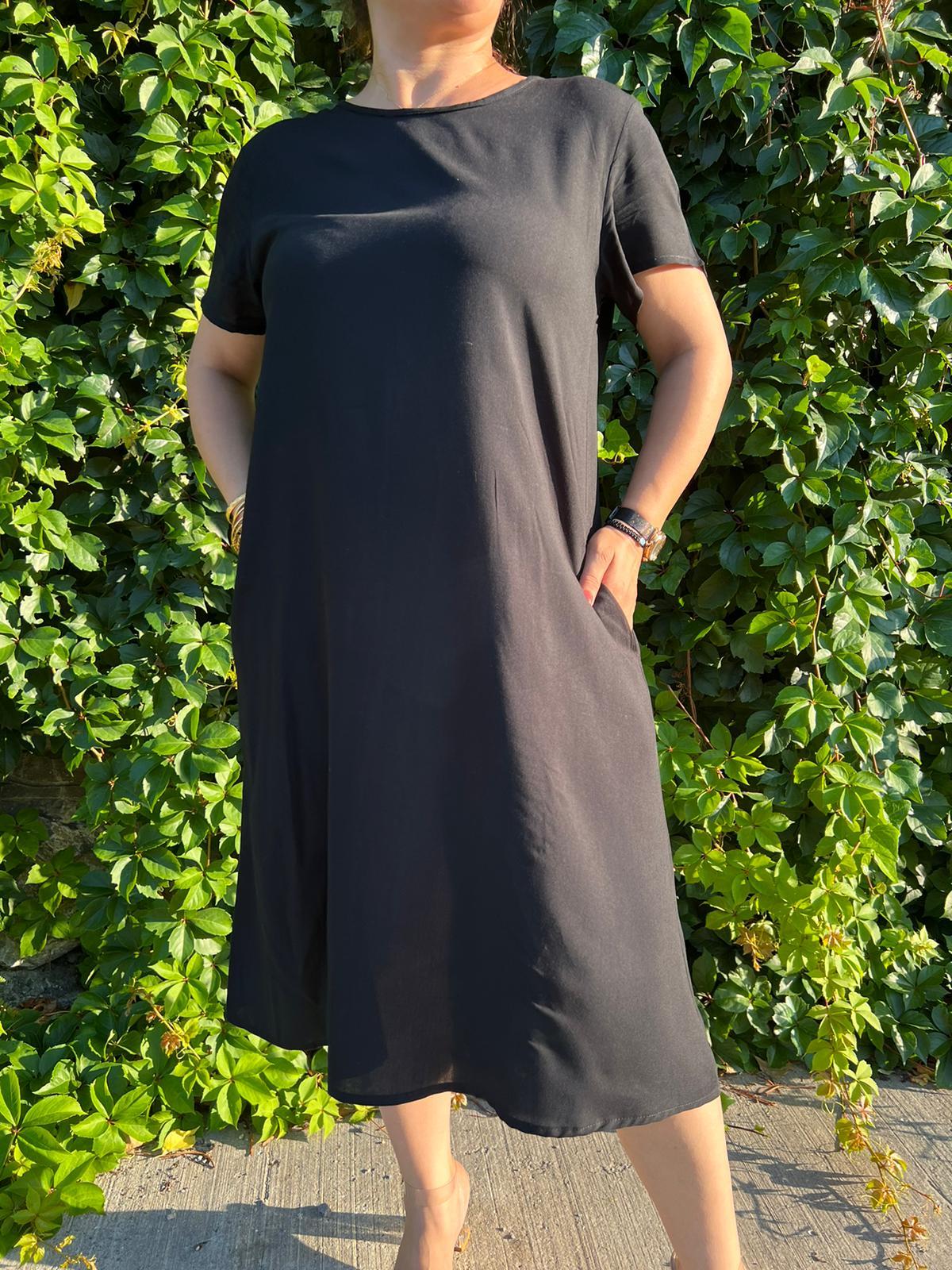 Siyah Basic Cepli Dokuma Pamuk Elbise