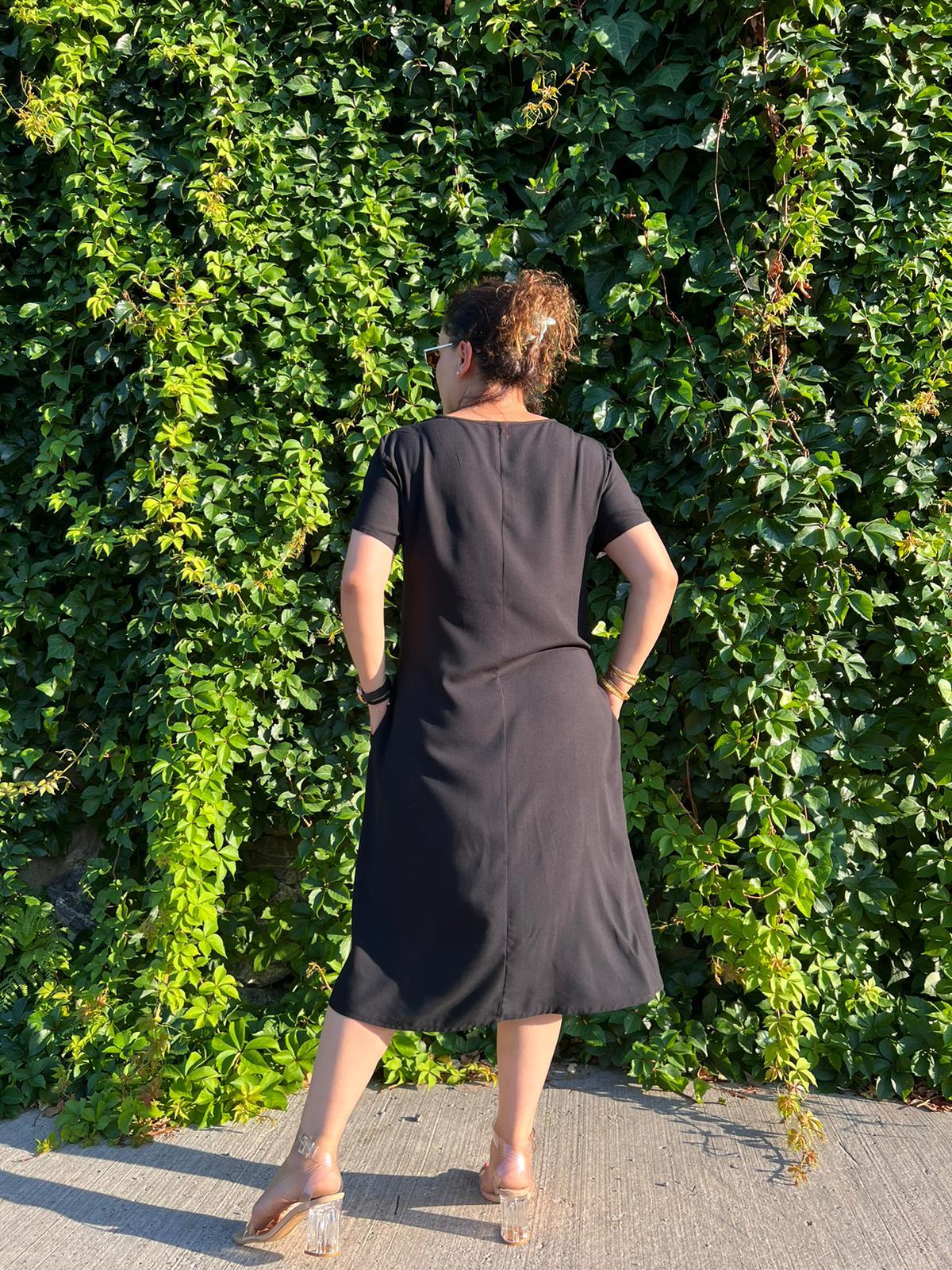 Siyah Basic Cepli Dokuma Pamuk Elbise