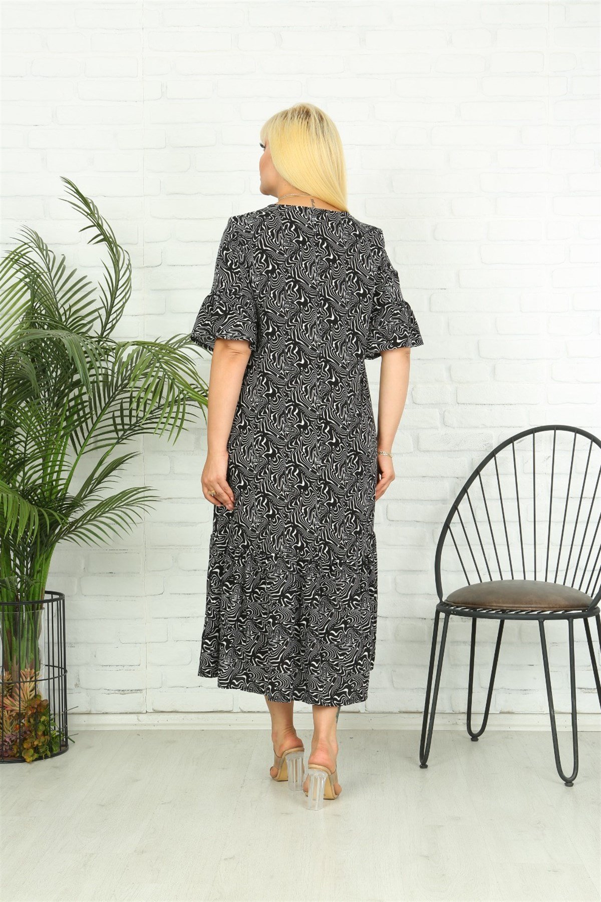 Siyah Desenli Salaş Büyükbeden Elbise 