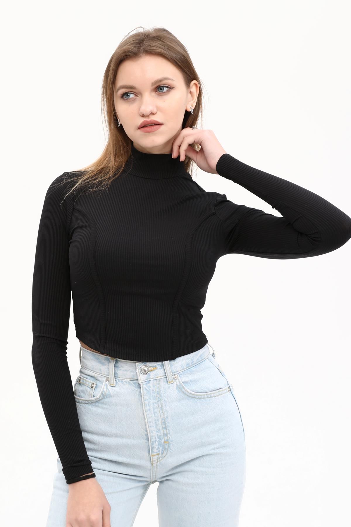 Siyah Dik Yaka Fitilli Crop-Top
