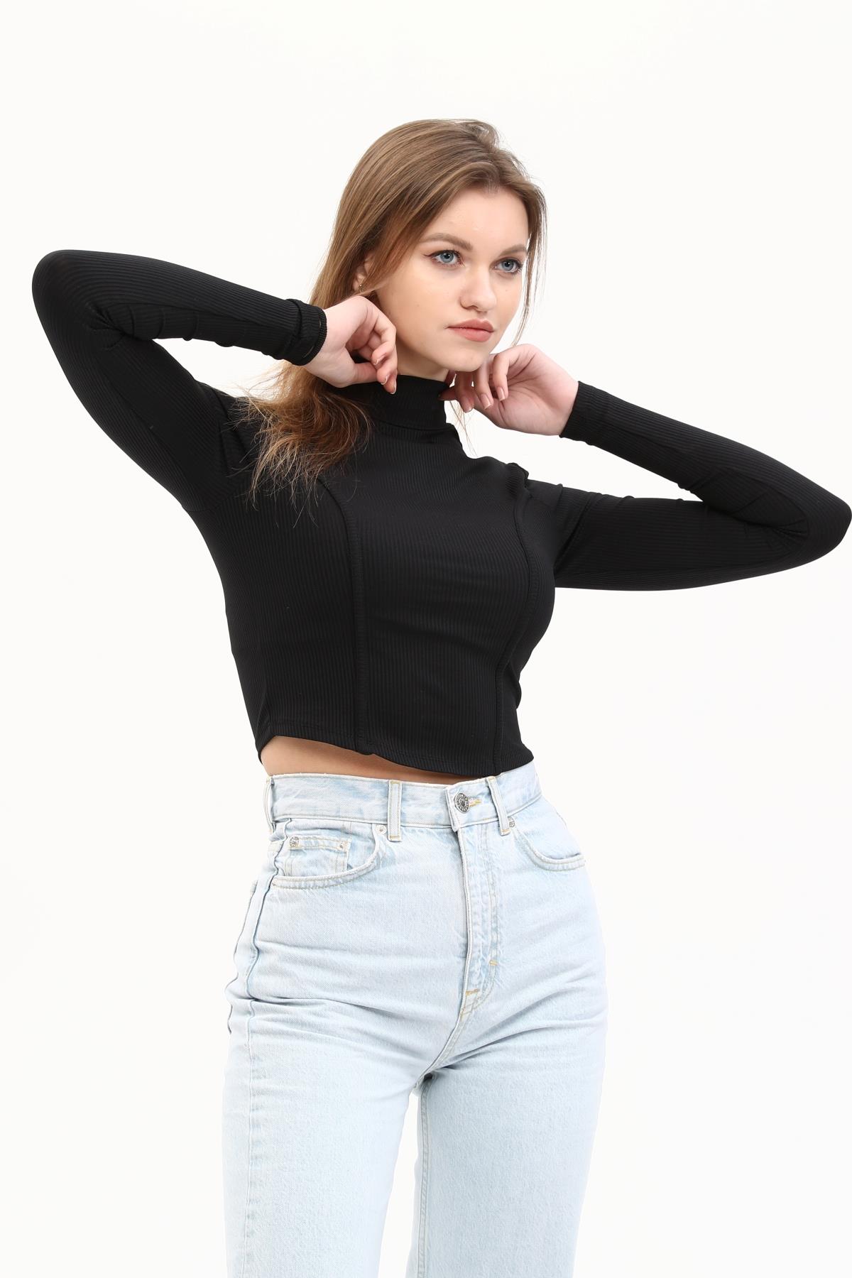 Siyah Dik Yaka Fitilli Crop-Top