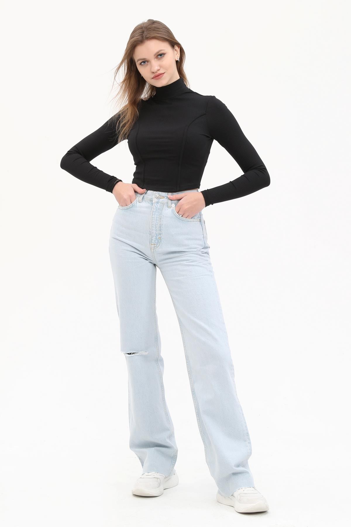 Siyah Dik Yaka Fitilli Crop-Top