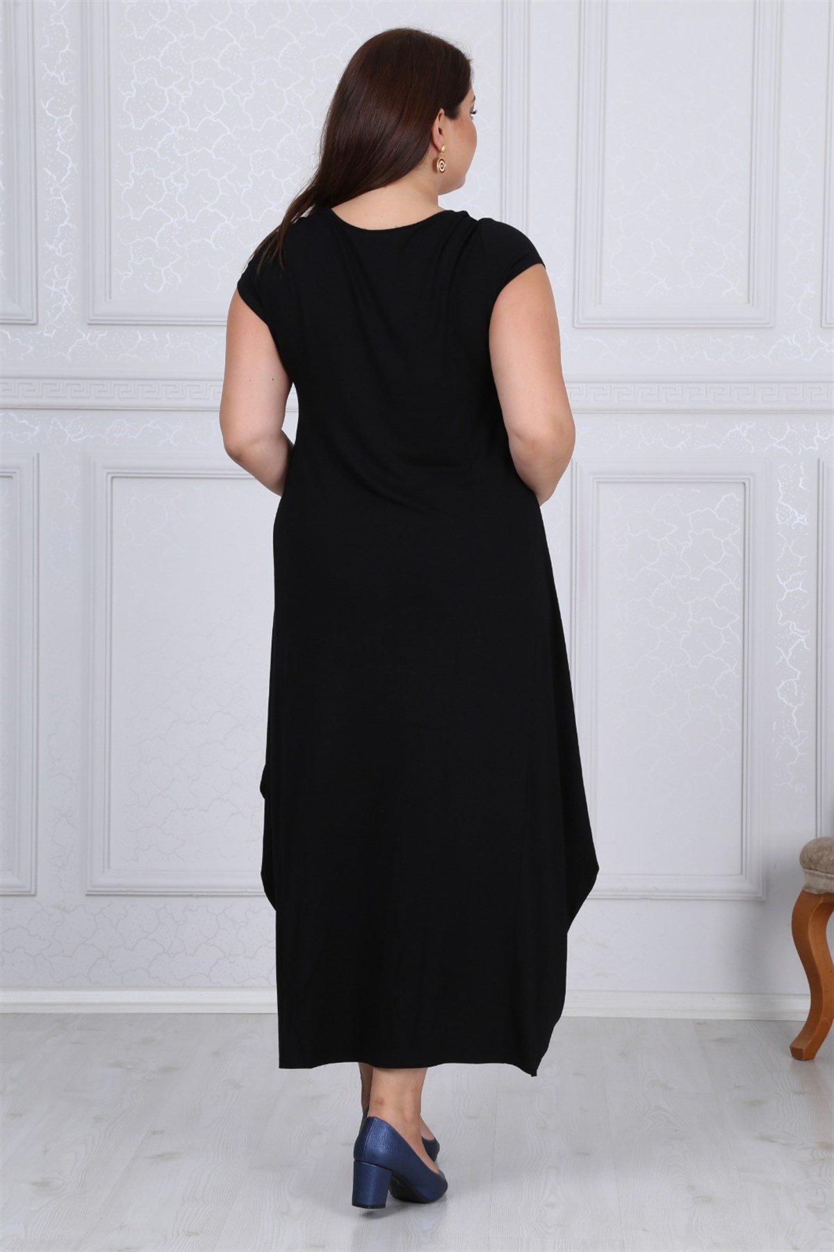 Siyah etnik desen  detaylı viskon elbise