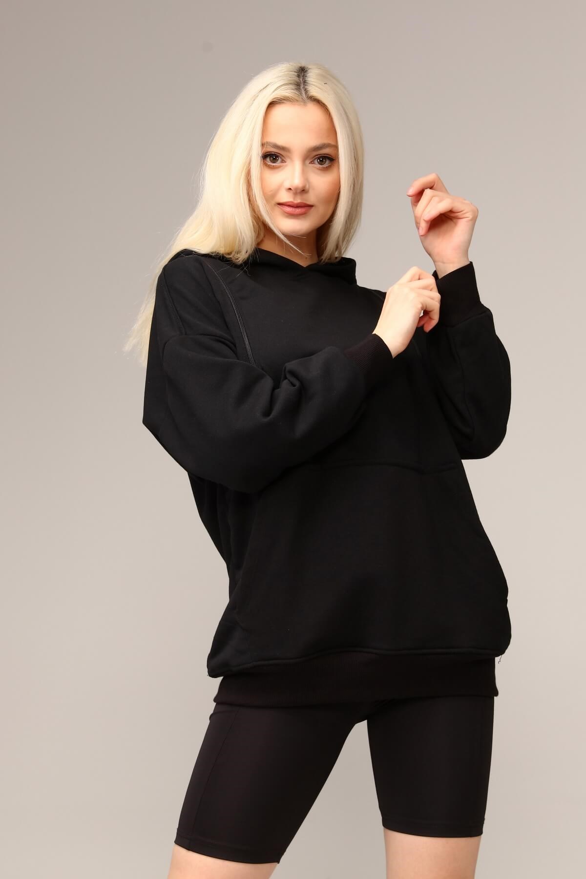 Siyah Fermuarlı Kapşon Kanguru Cepli Sweatshirt