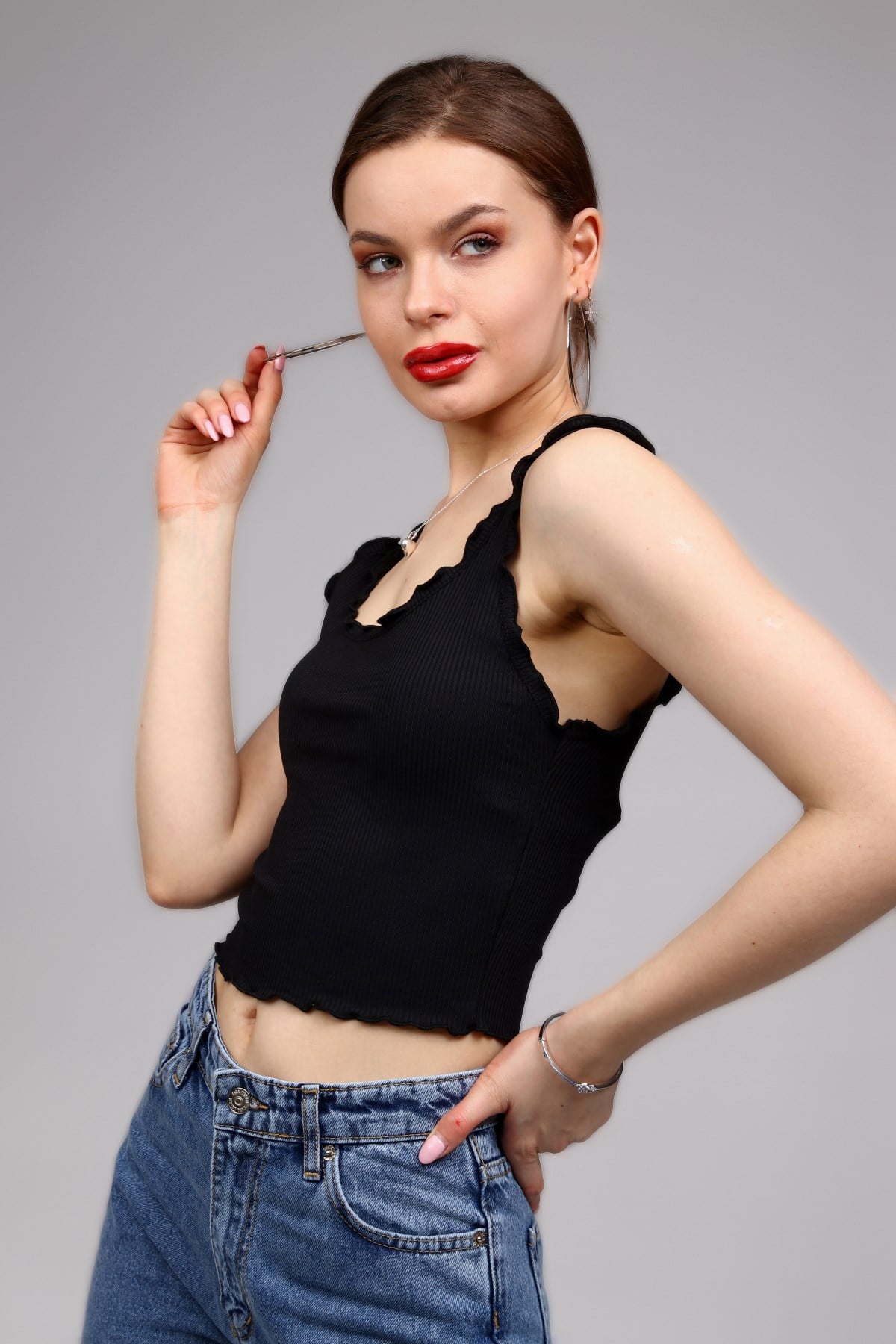 Siyah Fitilli Crop Top