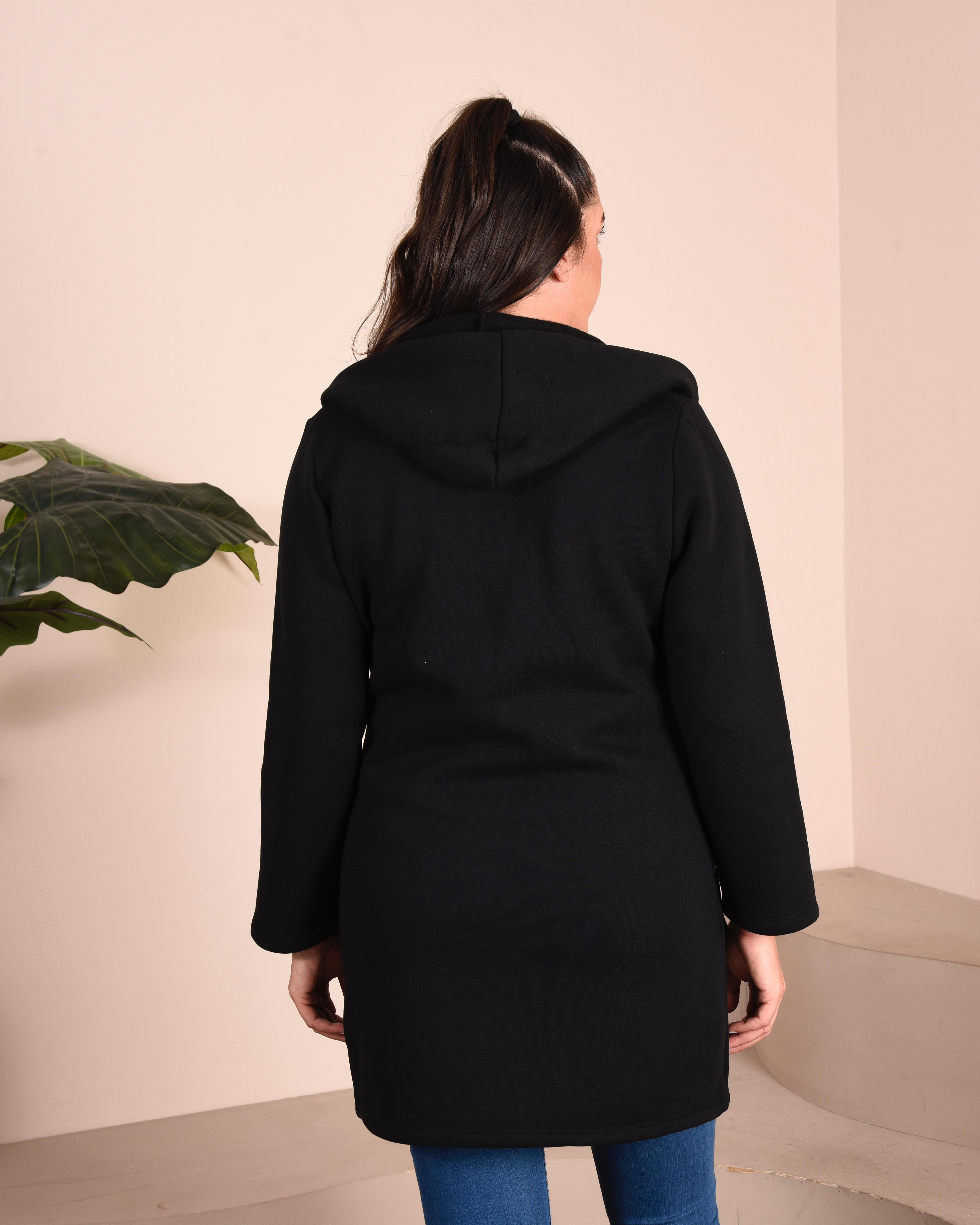 Siyah Içi Desenli Kapşonlu Büyük Beden Ceket