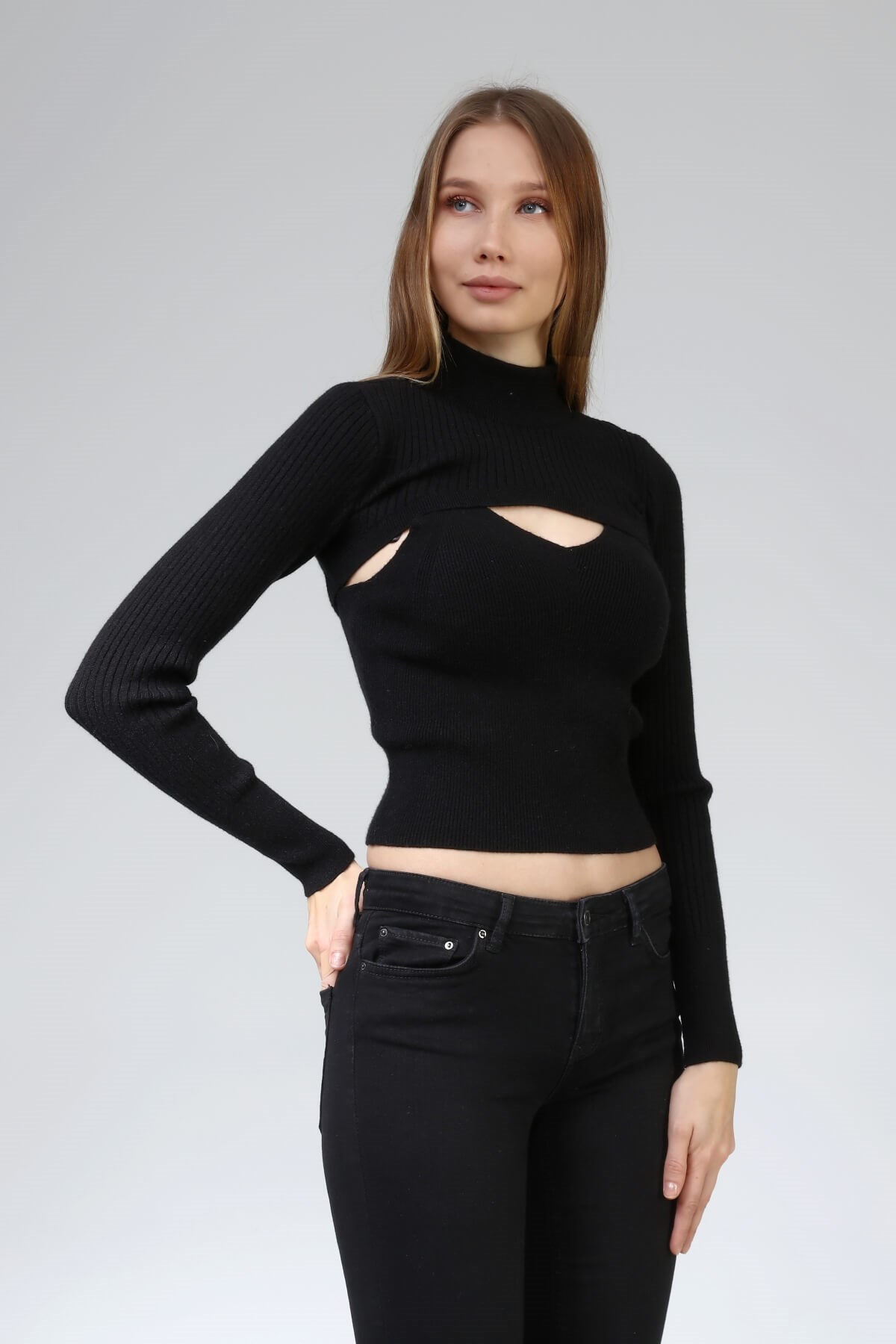 Siyah İkili Dik Yaka Fitilli Triko Top