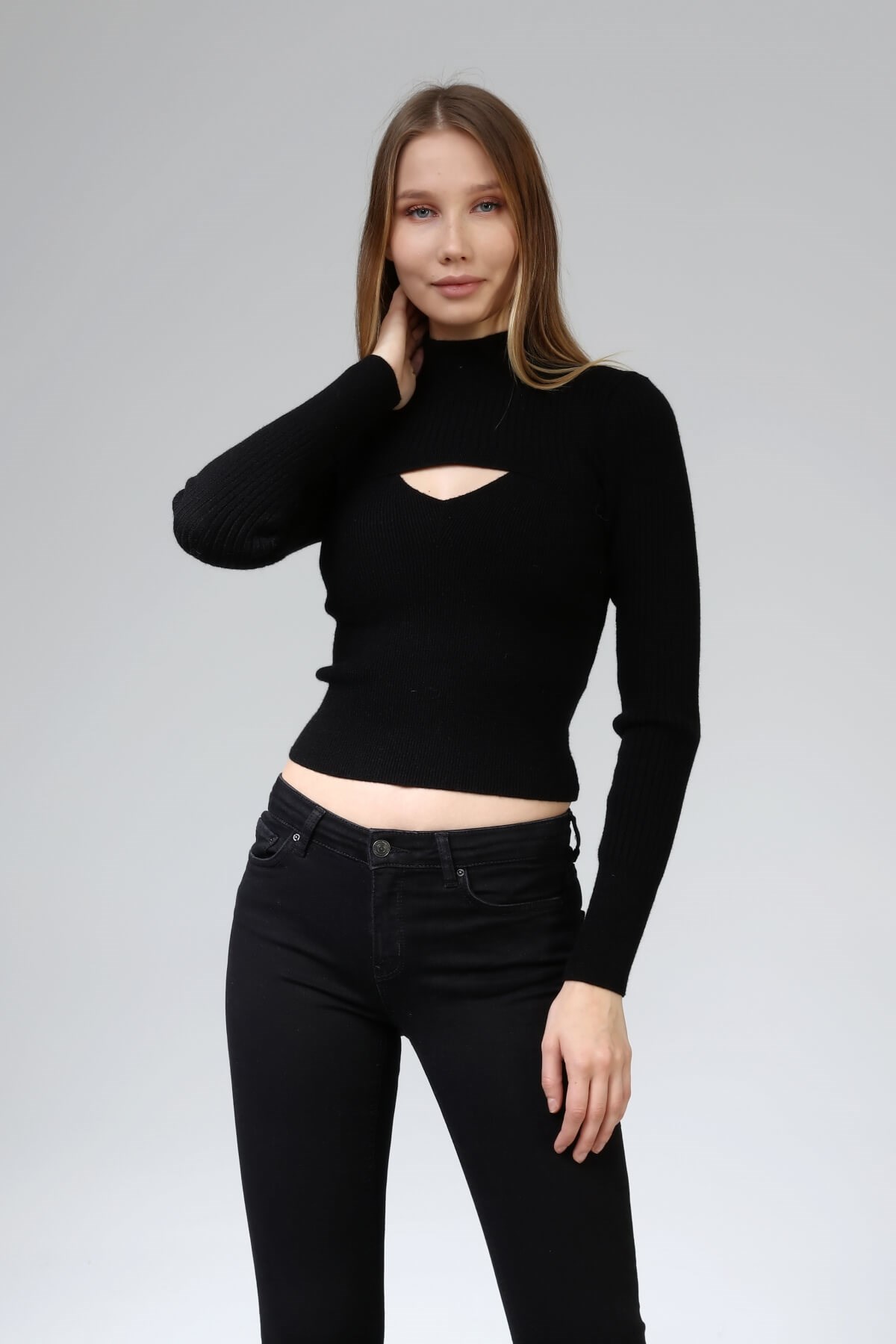 Siyah İkili Dik Yaka Fitilli Triko Top