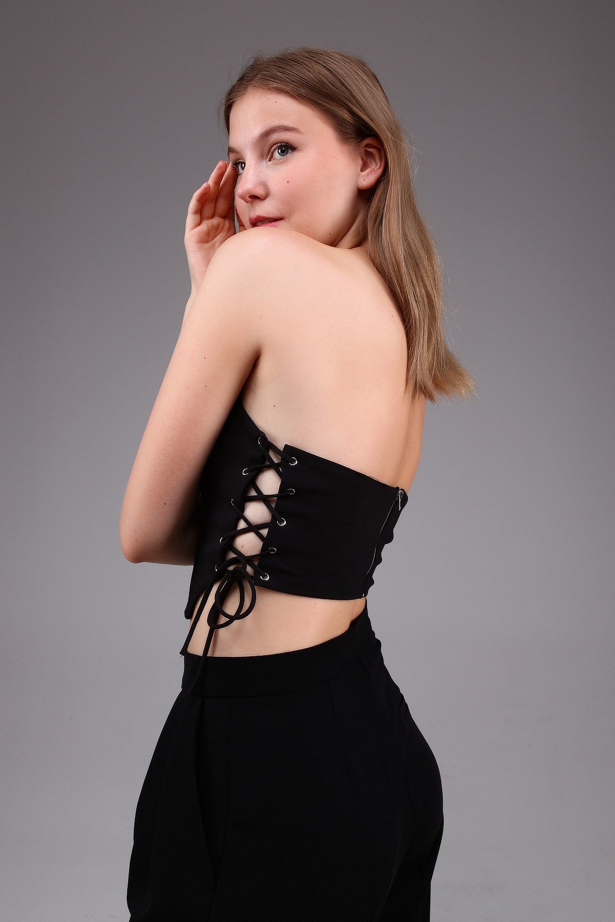 Siyah Korse Görünümlü Crop Top