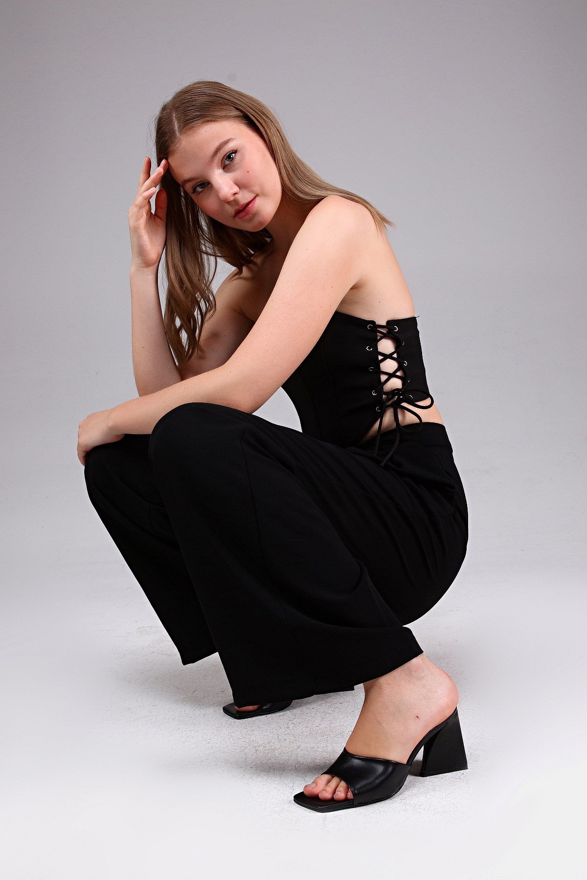 Siyah Korse Görünümlü Crop Top