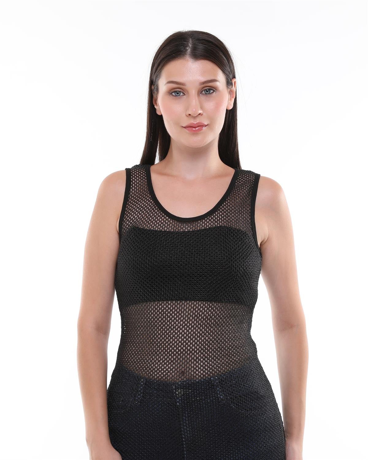 Siyah Metalik İplikli Örgü File Elbise