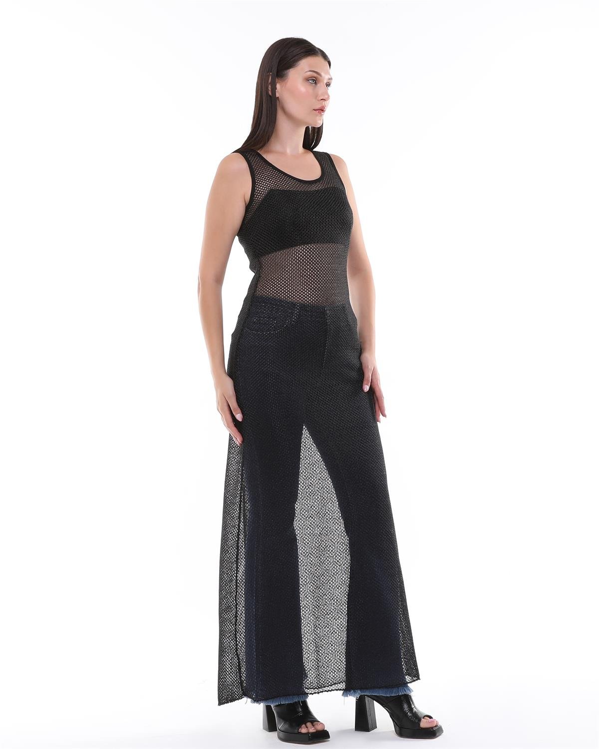 Siyah Metalik İplikli Örgü File Elbise