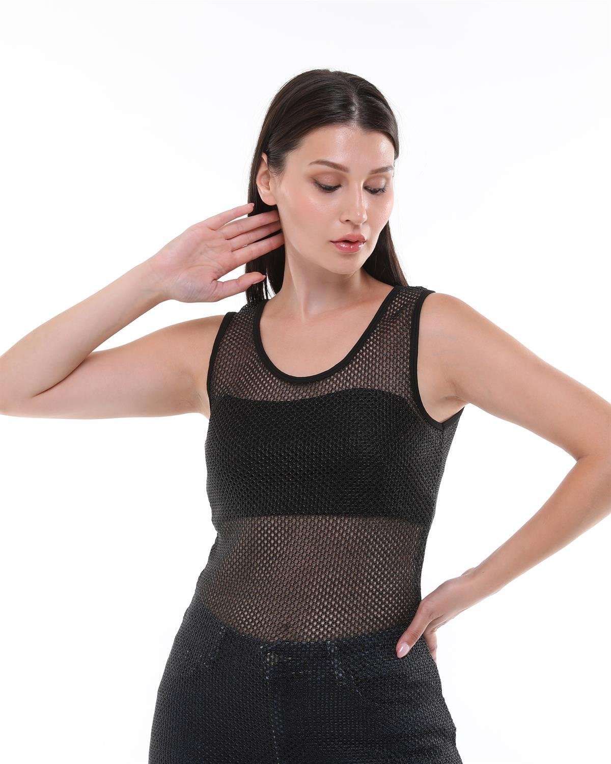 Siyah Metalik İplikli Örgü File Elbise