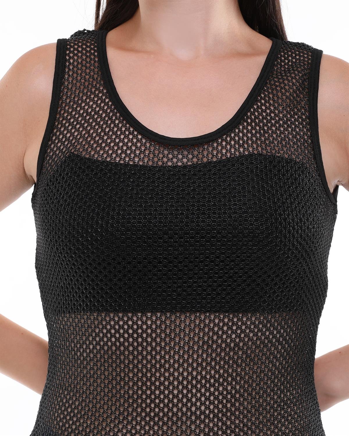 Siyah Metalik İplikli Örgü File Elbise