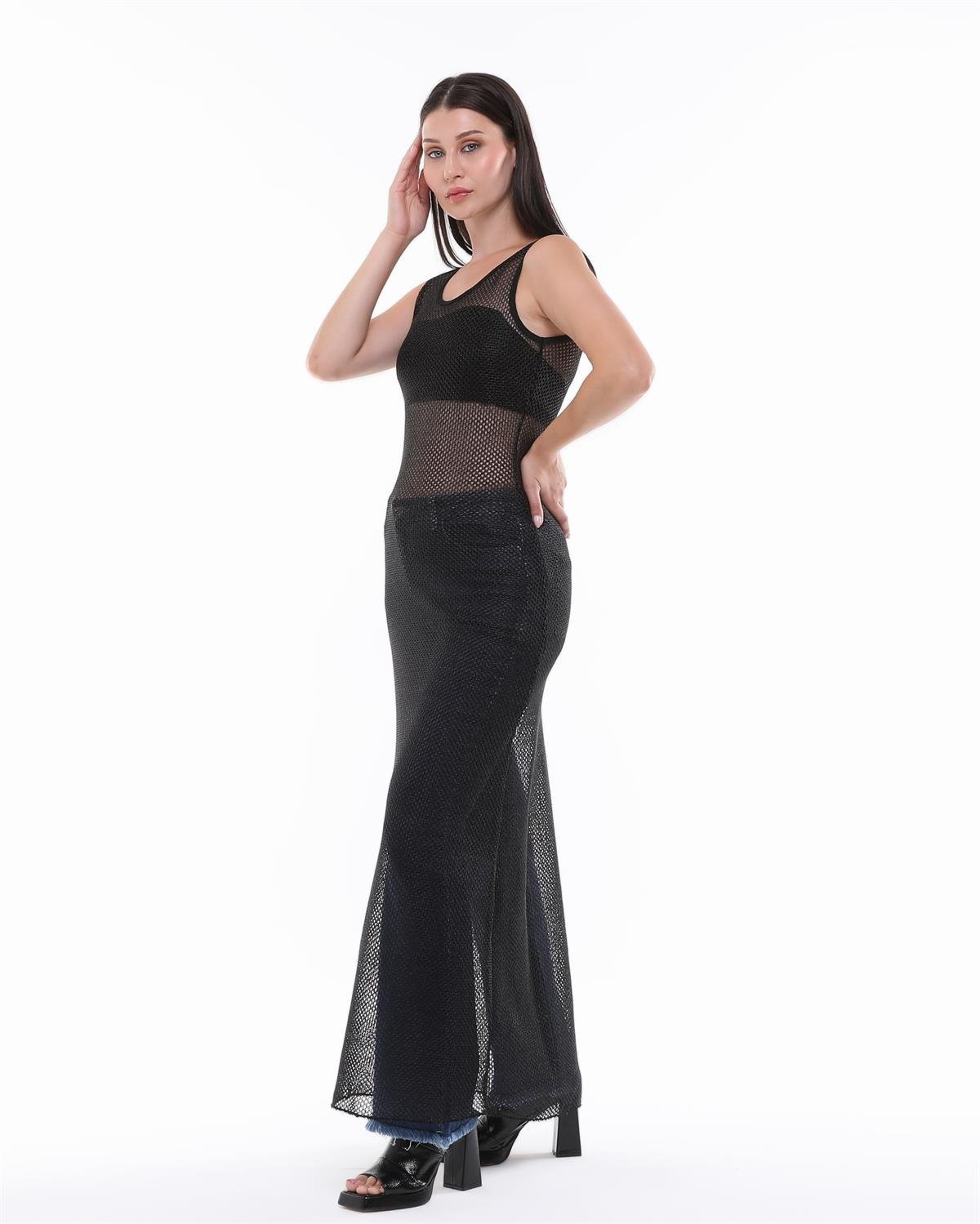 Siyah Metalik İplikli Örgü File Elbise