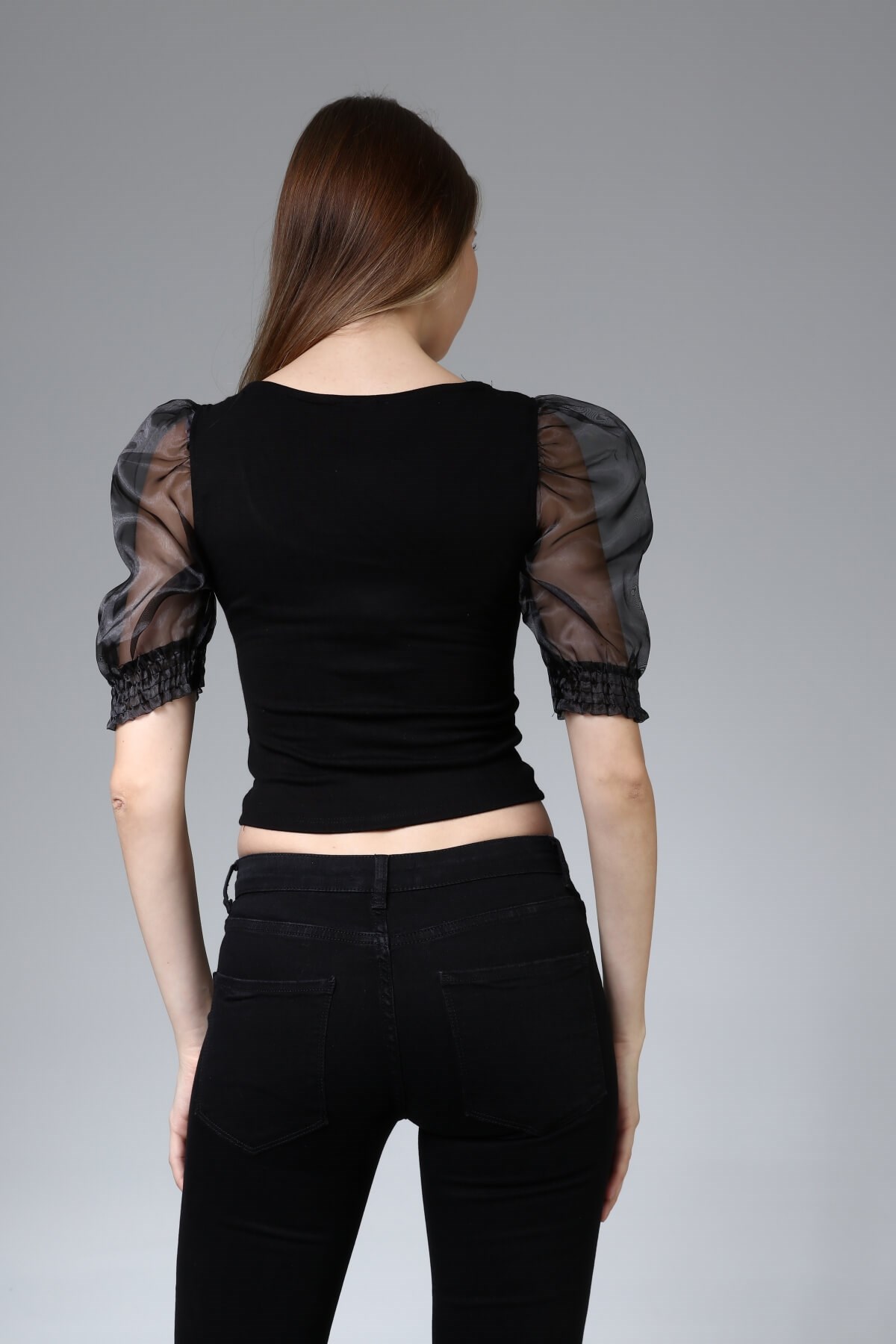 Siyah Organze Balon Kol Crop Bluz