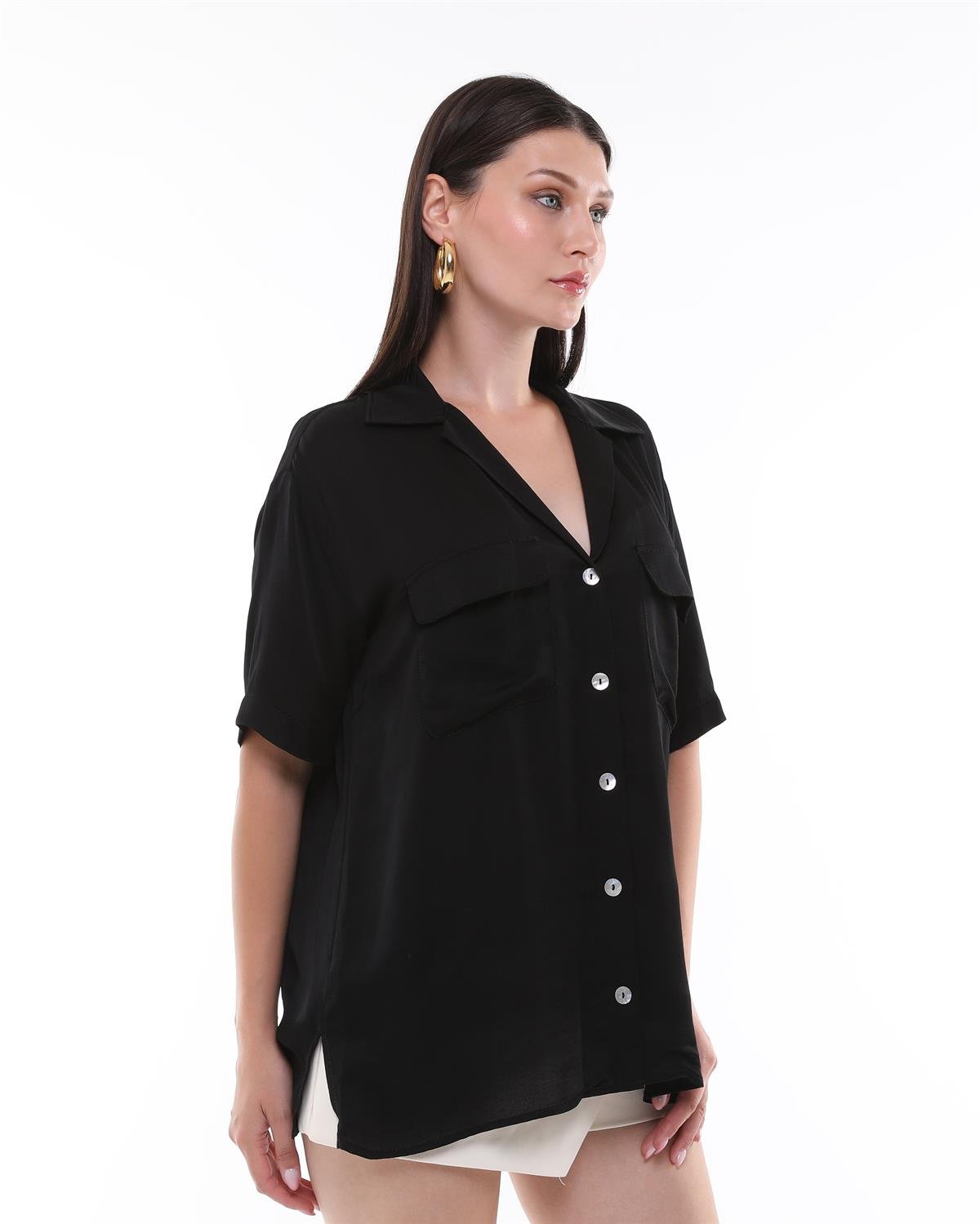 Siyah Oversize Saten V Yaka Gömlek