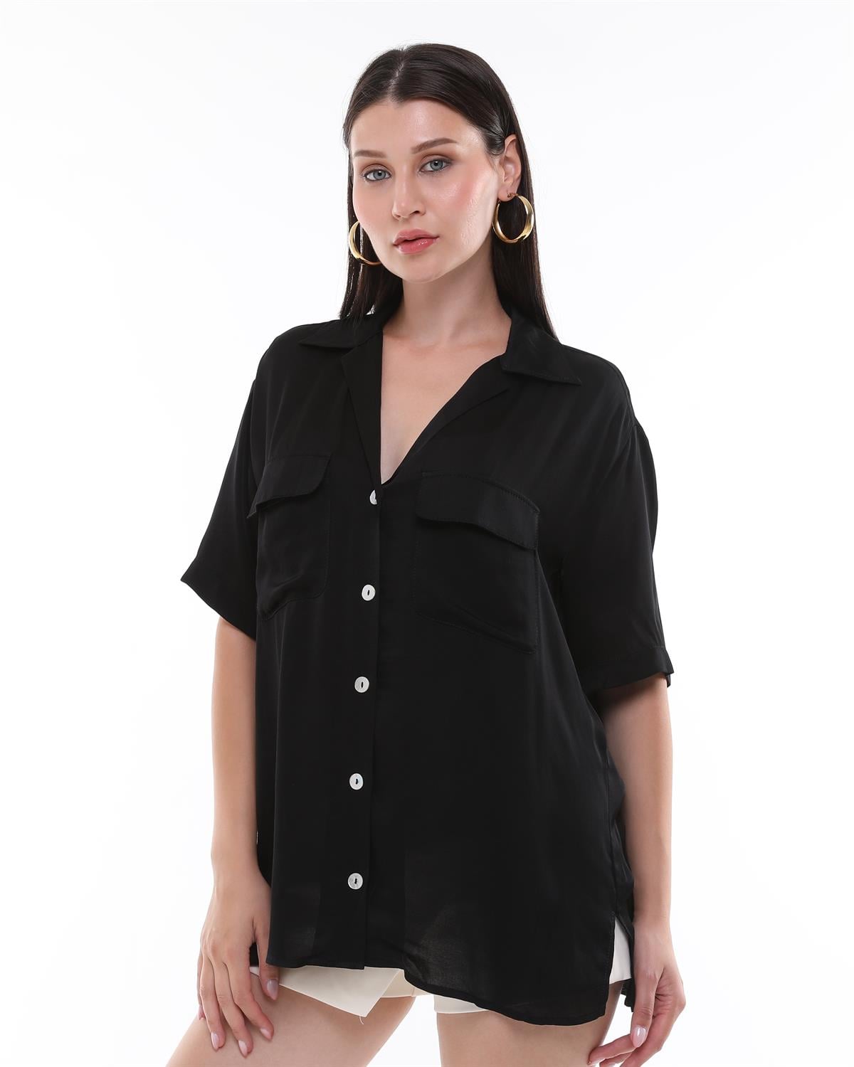 Siyah Oversize Saten V Yaka Gömlek