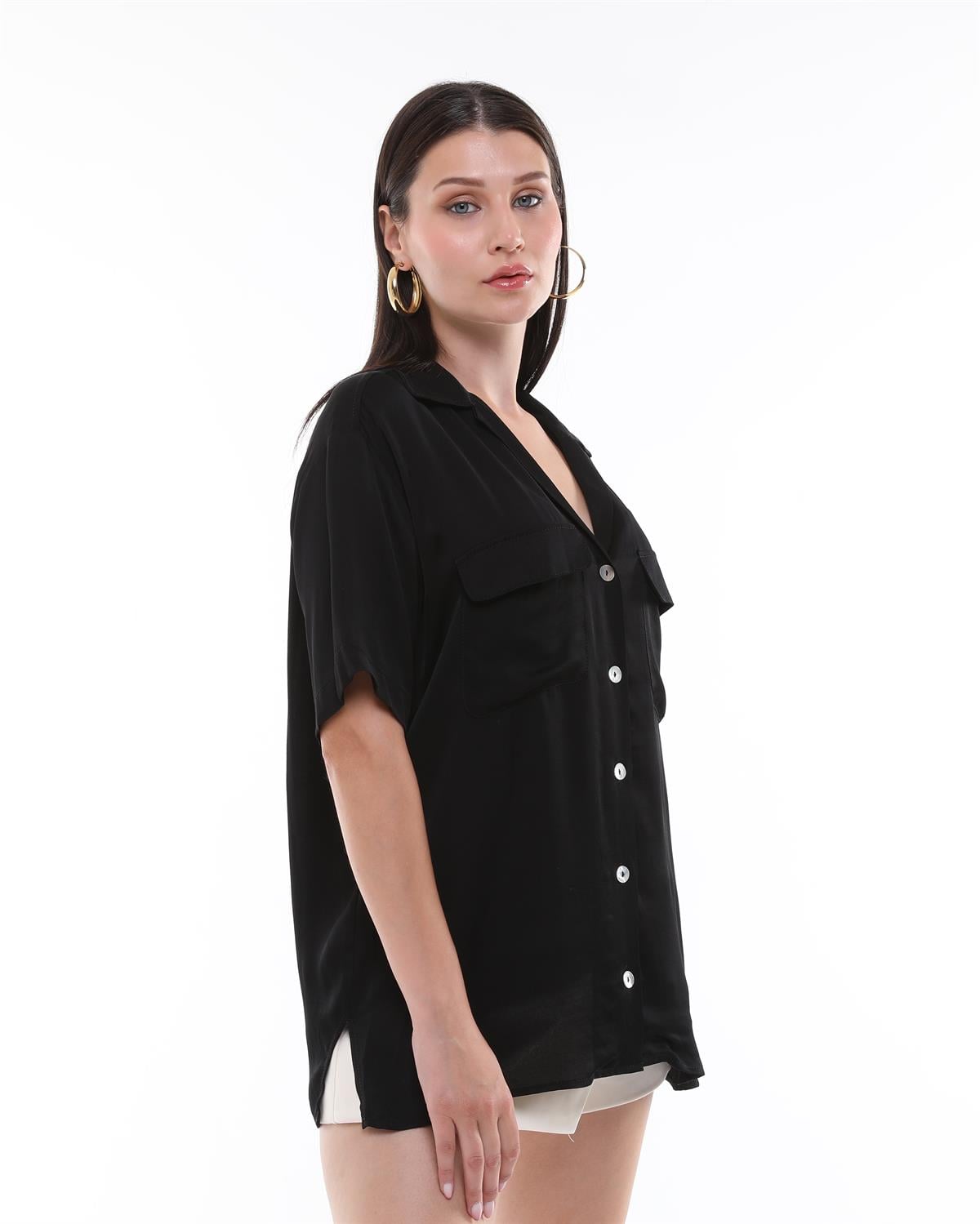 Siyah Oversize Saten V Yaka Gömlek